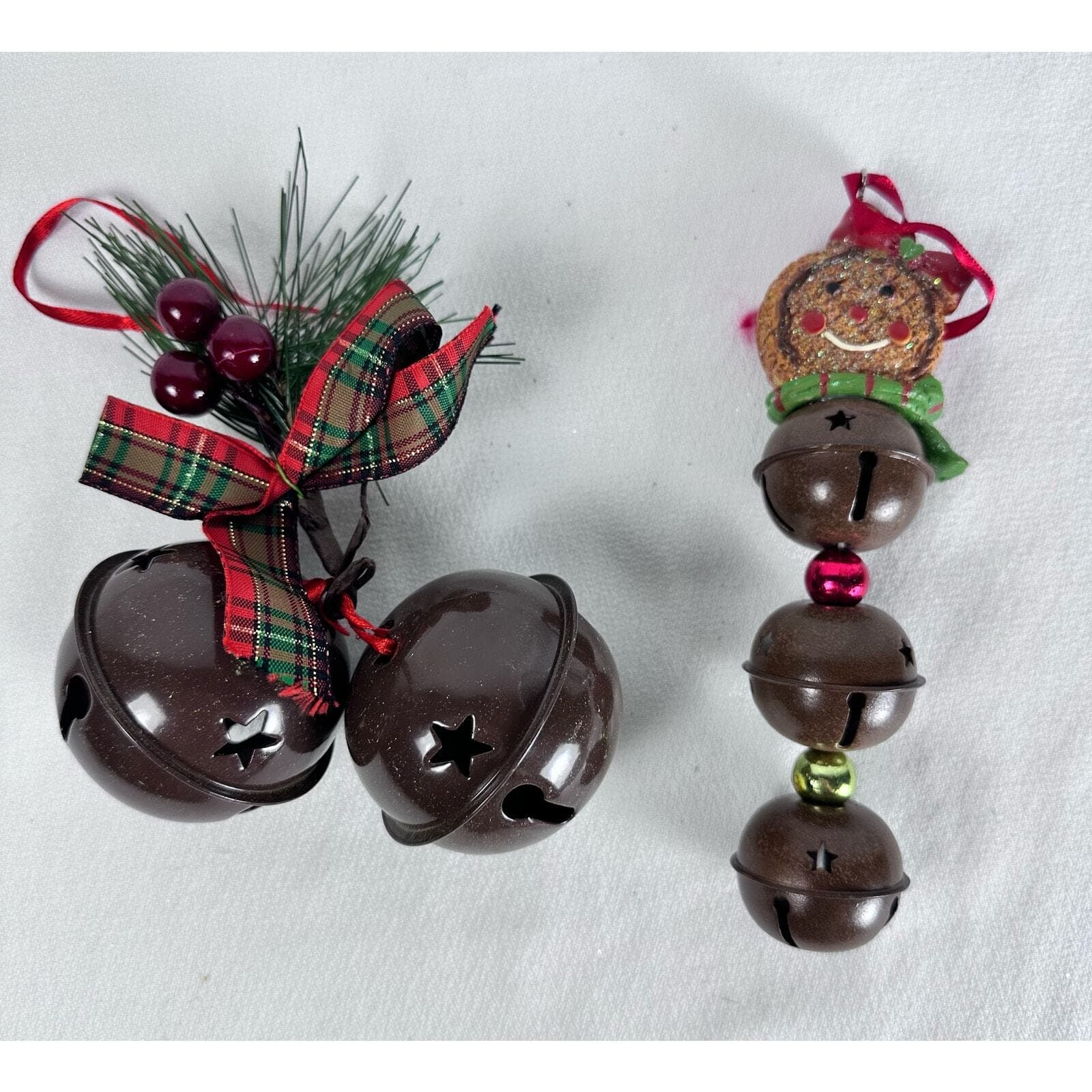 Lot of 2 jingle bell ornaments 1 w/ two bells & Holly 1 w/ gingerbread & 3 bells