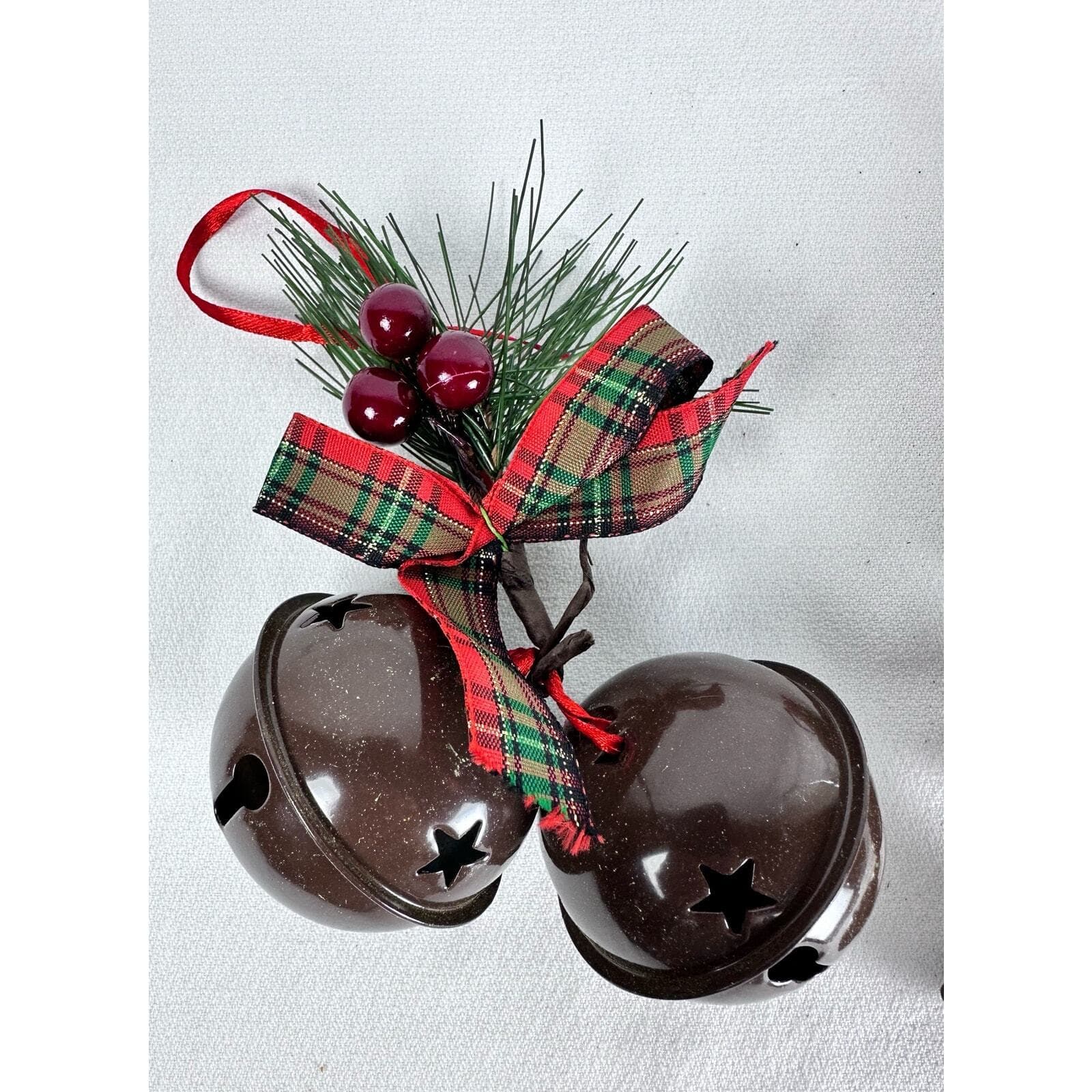 Lot of 2 jingle bell ornaments 1 w/ two bells & Holly 1 w/ gingerbread & 3 bells - Thumbnail 2