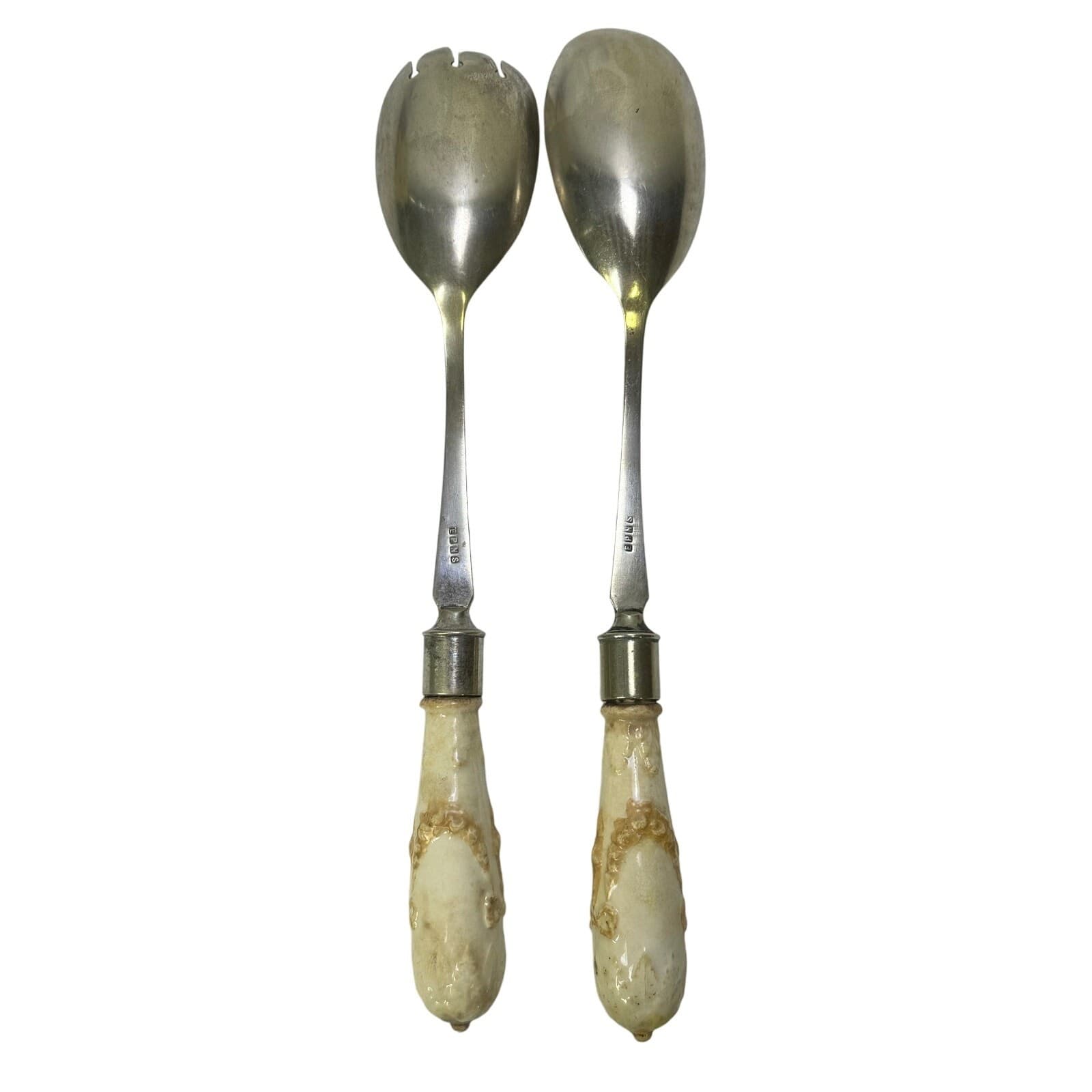 Antique Silver-Plated 11" Salad Serving Set Decorative Floral Porcelain Handles - Thumbnail 5