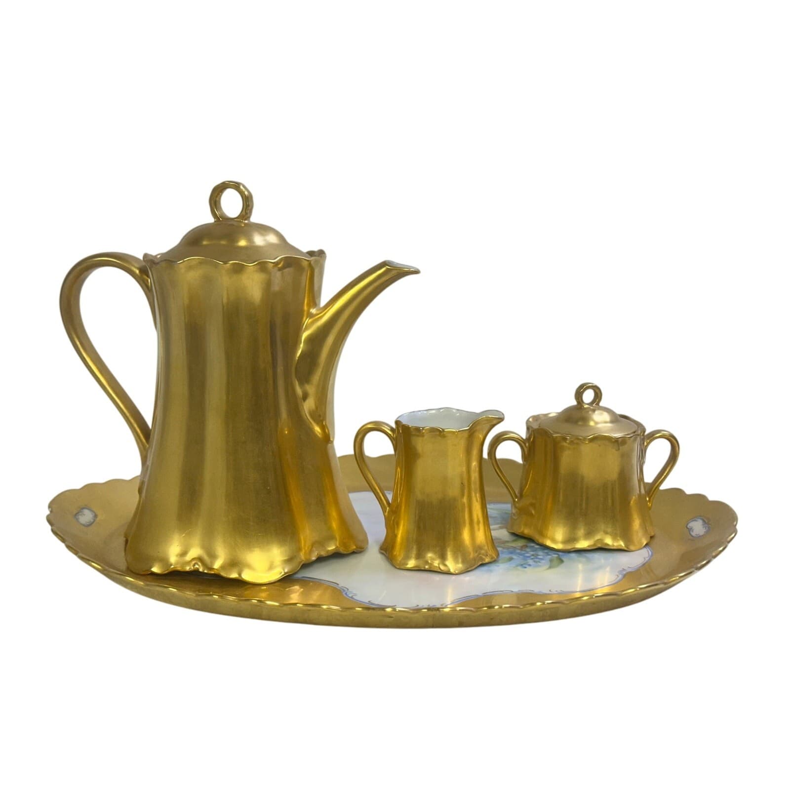 Antique Early 20th Century Hutschenreuther Gelb Bavaria Gilt 4-PC Coffee Tea Set - Thumbnail 2