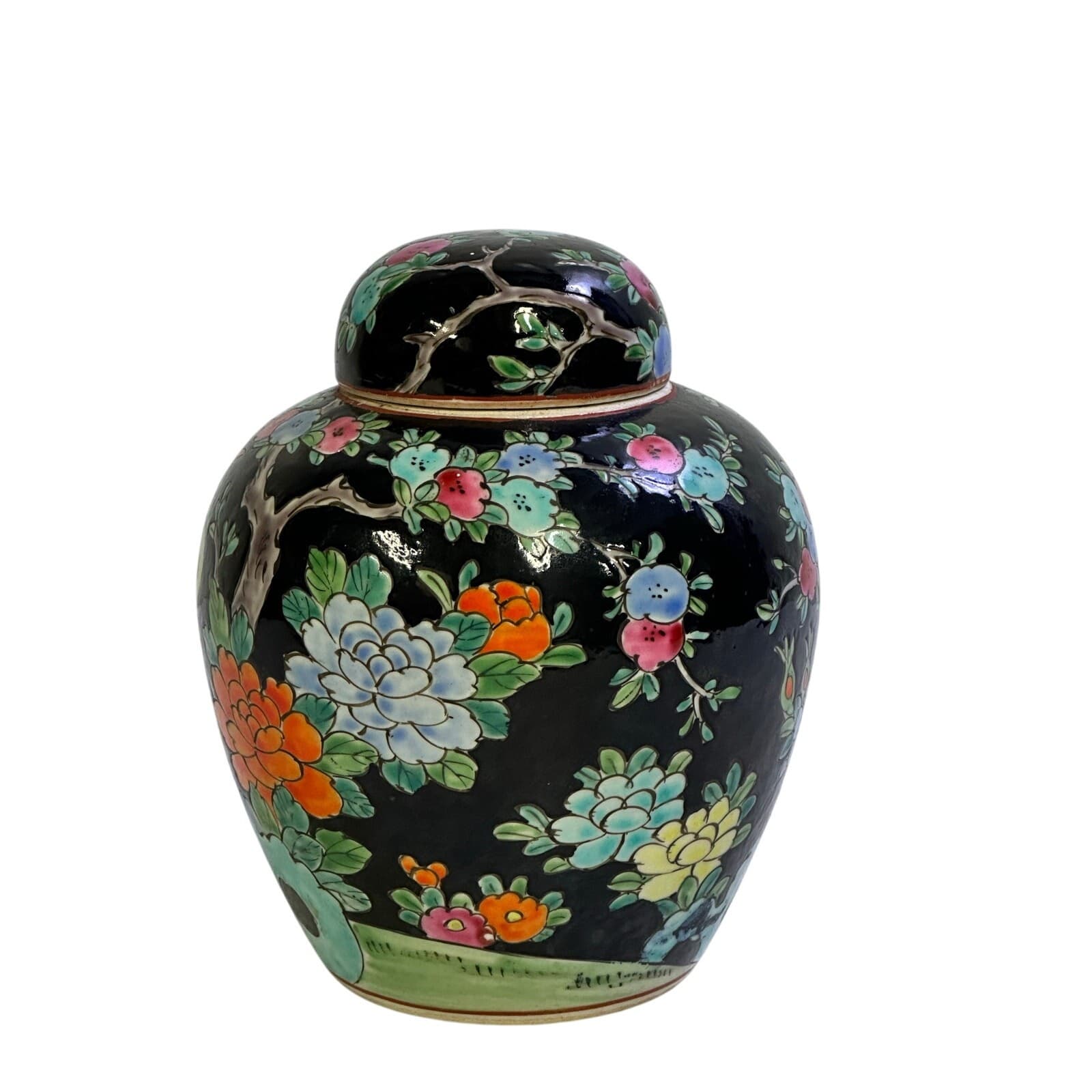 Japan MidCentury Vintage Porcelain Famille Noire Style Floral Peacock Ginger Jar - Thumbnail 2