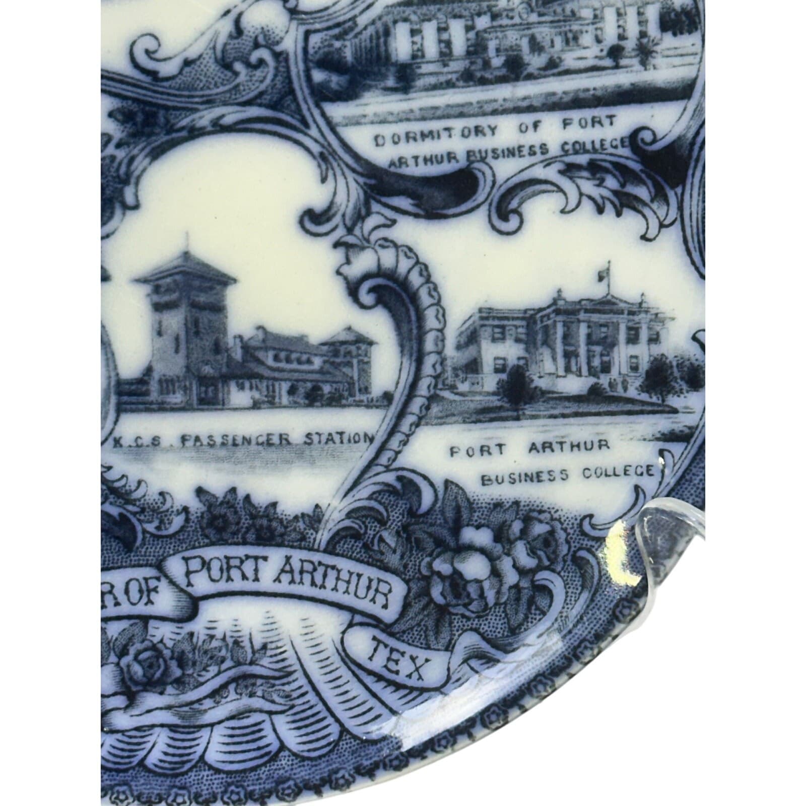 Wheelock England Flow Blue Picturesque Port Arthur Texas Vintage Souvenir Plate - Thumbnail 4