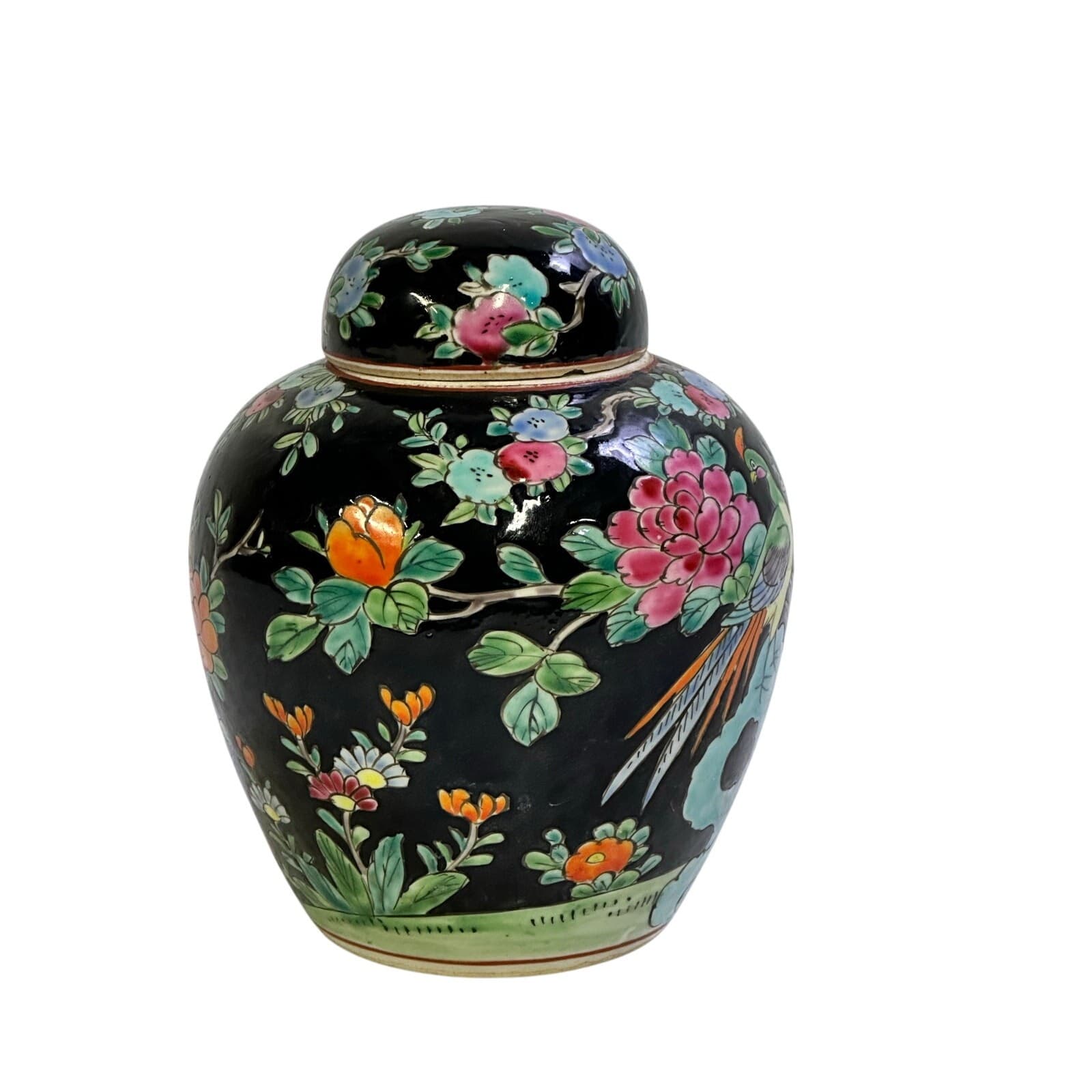 Japan MidCentury Vintage Porcelain Famille Noire Style Floral Peacock Ginger Jar - Thumbnail 4