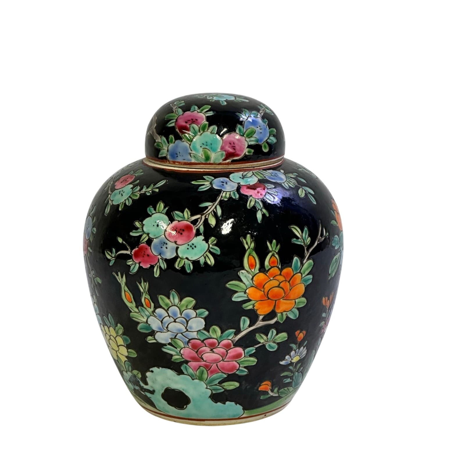Japan MidCentury Vintage Porcelain Famille Noire Style Floral Peacock Ginger Jar - Thumbnail 3