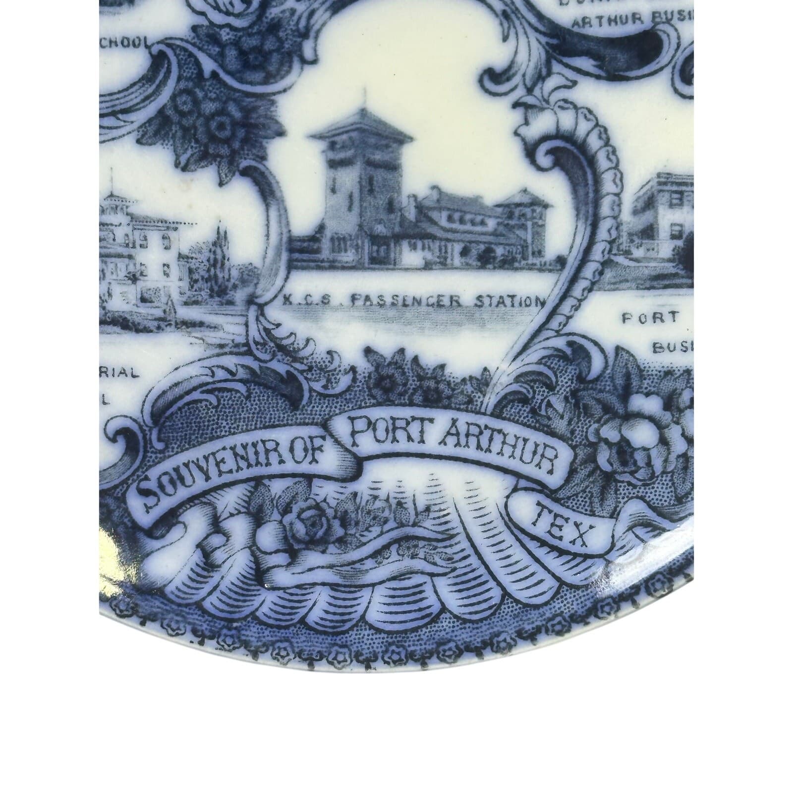 Wheelock England Flow Blue Picturesque Port Arthur Texas Vintage Souvenir Plate - Thumbnail 5