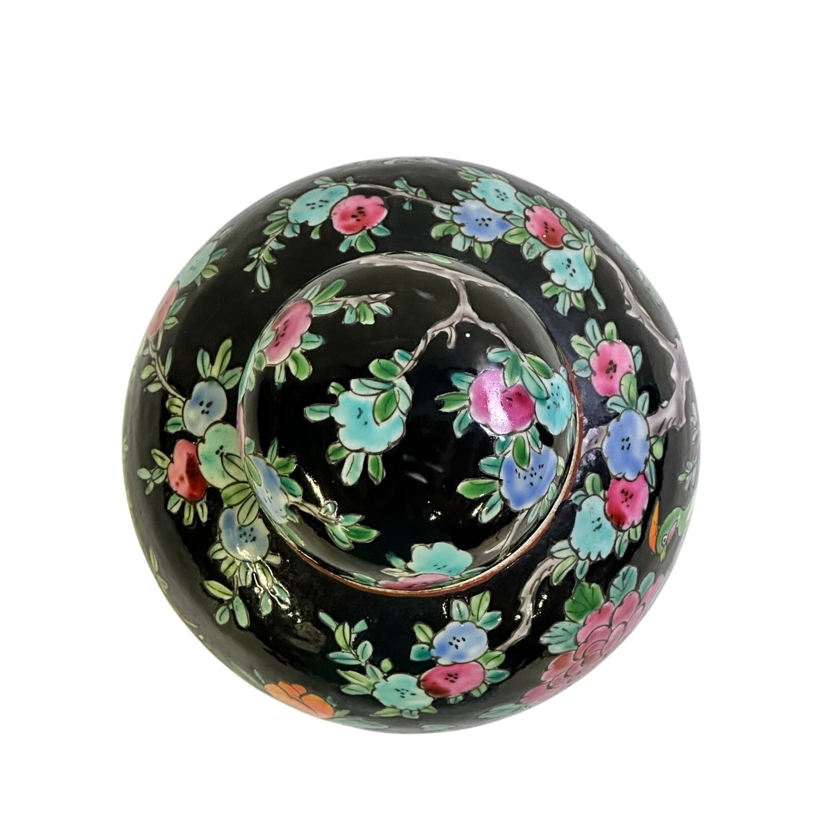 Japan MidCentury Vintage Porcelain Famille Noire Style Floral Peacock Ginger Jar - Thumbnail 5