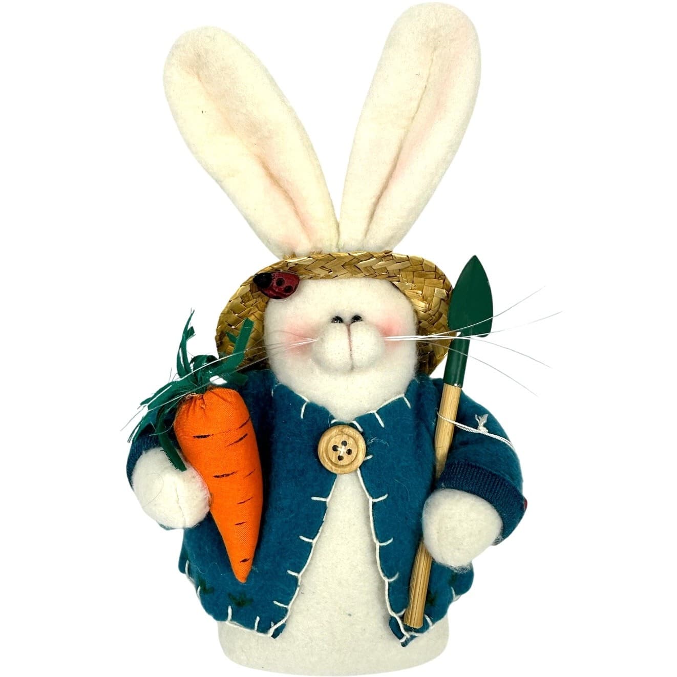Gardening White Plush Vintage Bunny Rabbit Straw Hat Shovel Carrot Ladybug-Cute! - Thumbnail 10
