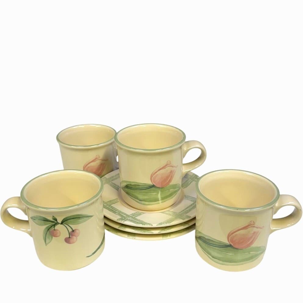 Pfaltzgraff Retired 1991-1999 'Garden Party' (4) Coffee Mugs (3) Saucers