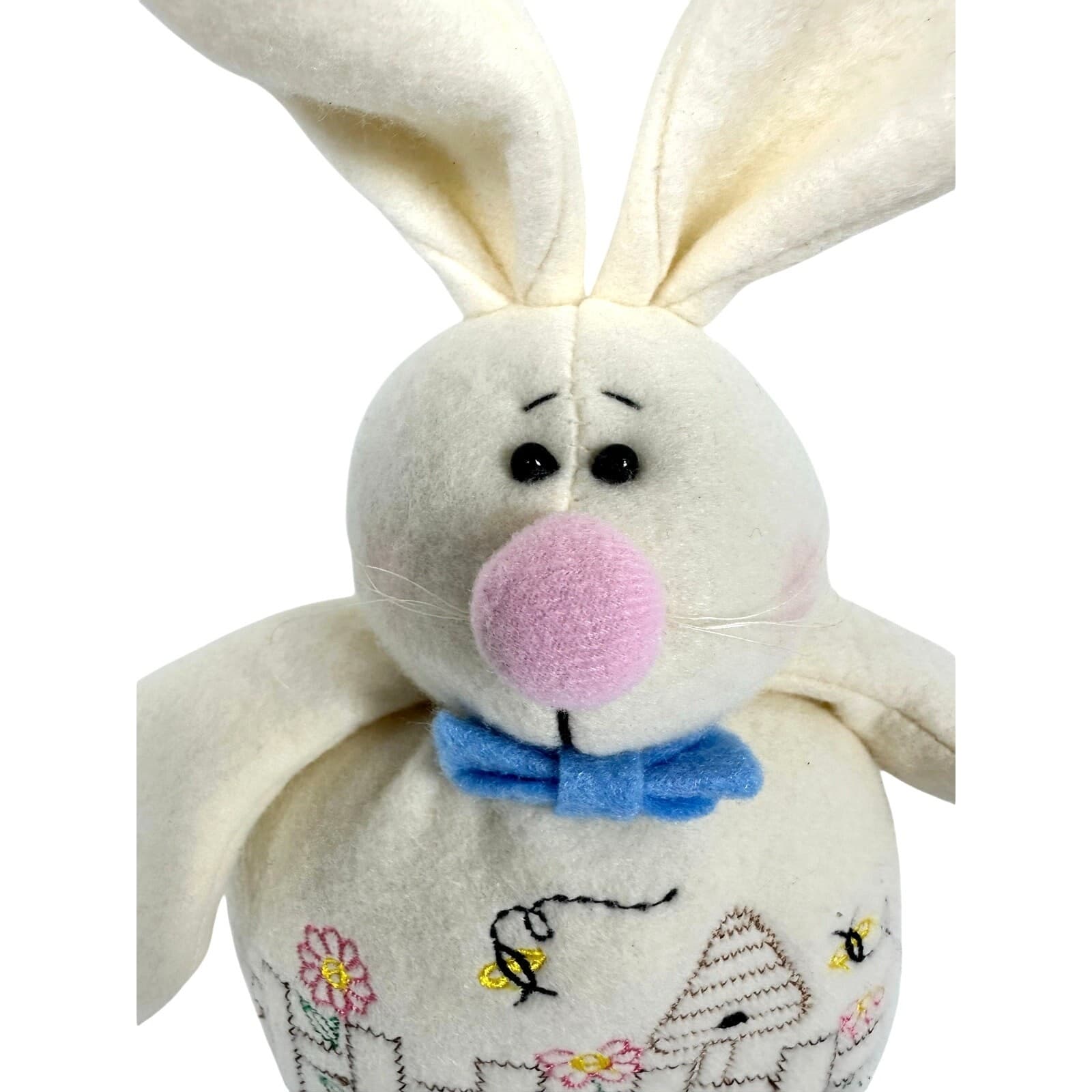 Plush White Bunny Rabbit Embroidered Front Long Ears Weighted Bottom-Excellent! - Thumbnail 2