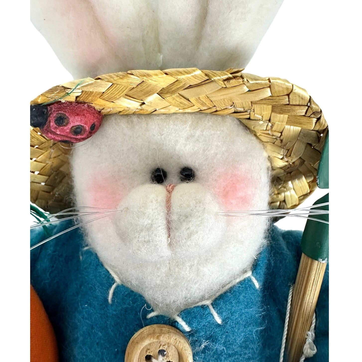Gardening White Plush Vintage Bunny Rabbit Straw Hat Shovel Carrot Ladybug-Cute! - Thumbnail 5
