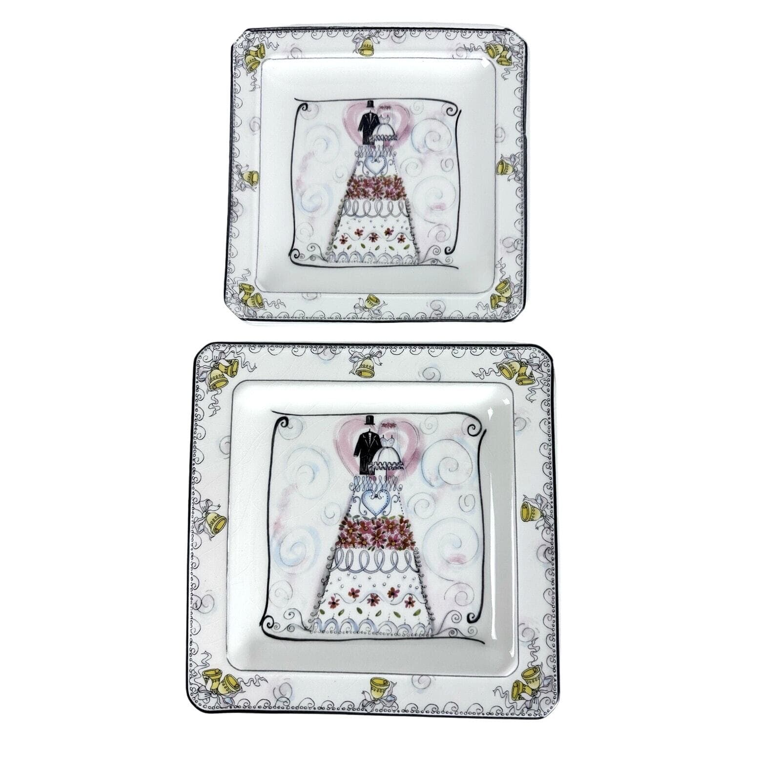 "The Wedding" Hand Painted Italy Square Plates 6.5" & 7.5" Set of 2-Excellent!