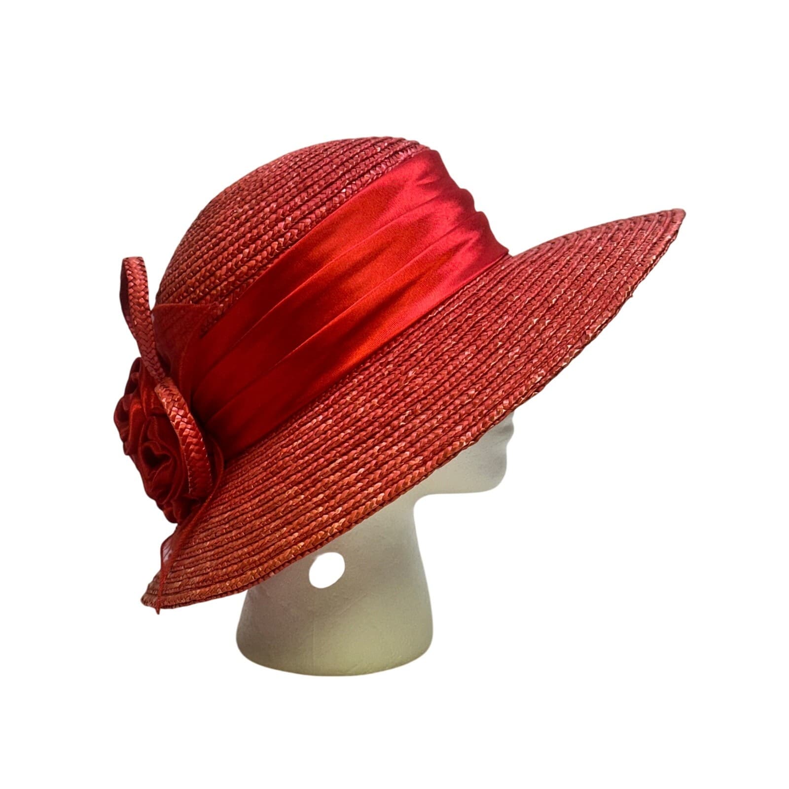 Bright Red Women's Derby Wide Brim Straw Embellished Hat Satin Band Fabric Rose - Thumbnail 2