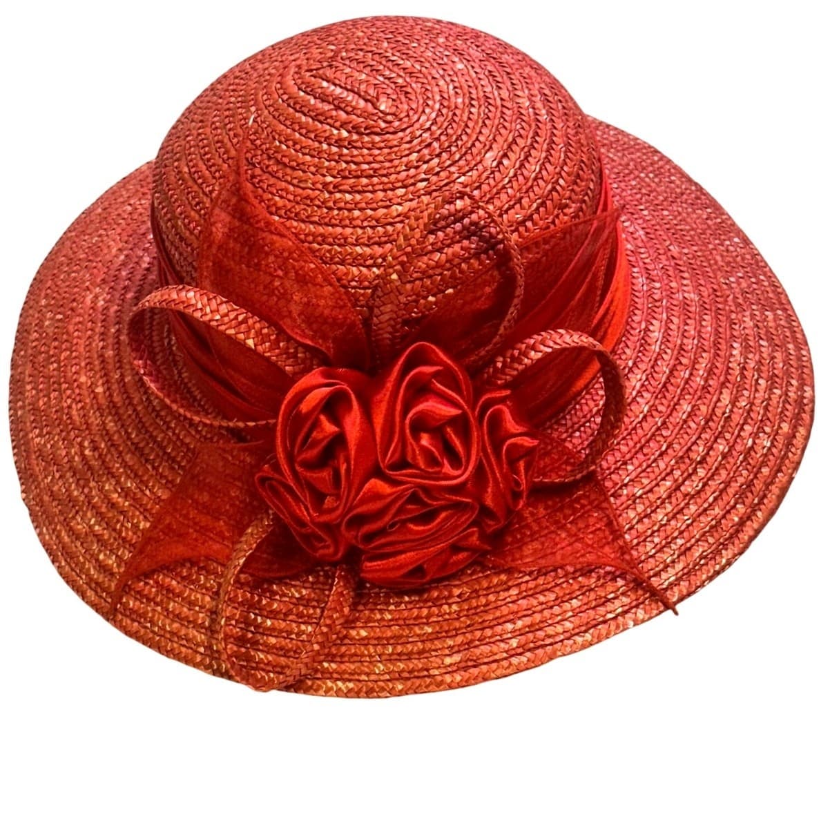 Bright Red Women's Derby Wide Brim Straw Embellished Hat Satin Band Fabric Rose
