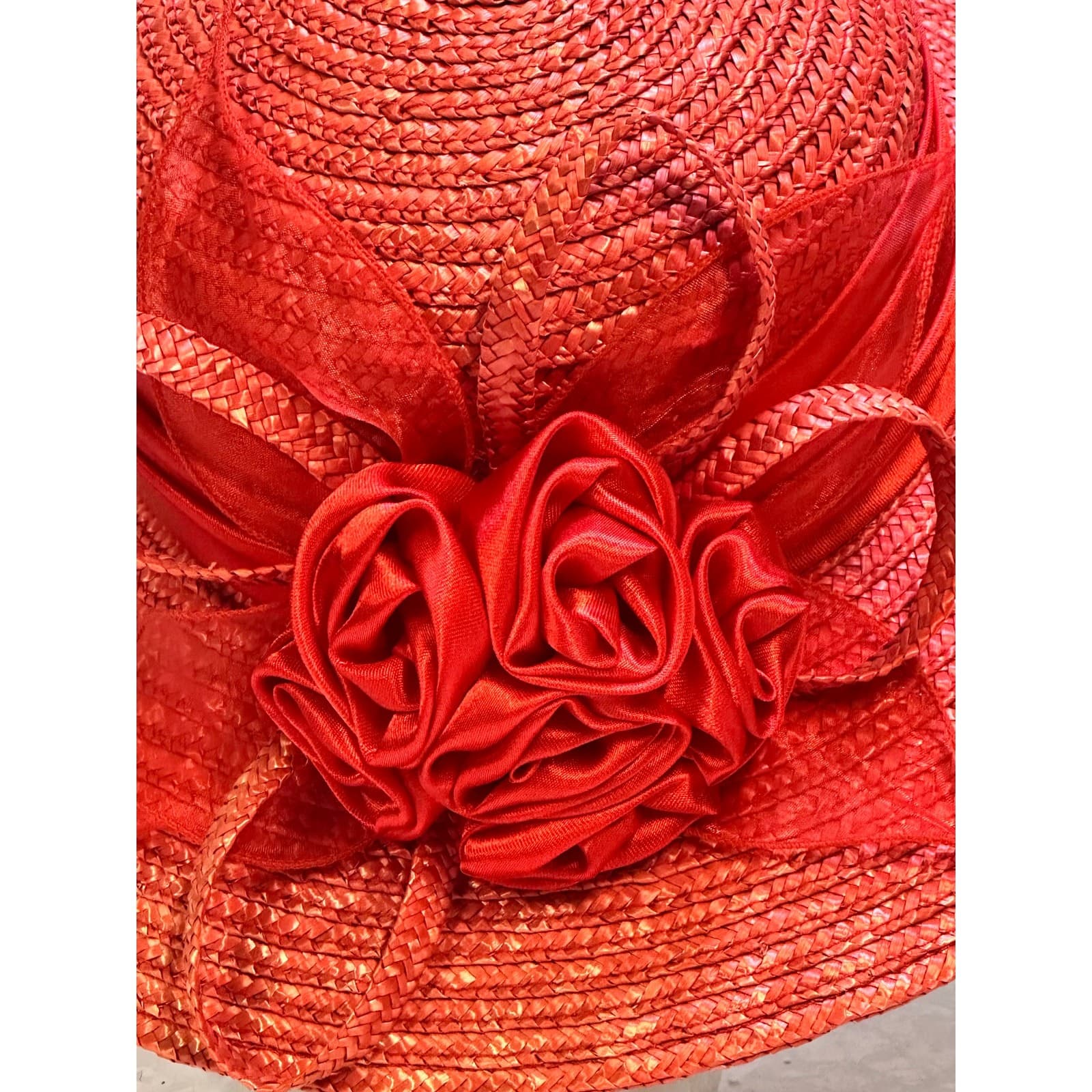 Bright Red Women's Derby Wide Brim Straw Embellished Hat Satin Band Fabric Rose - Thumbnail 7