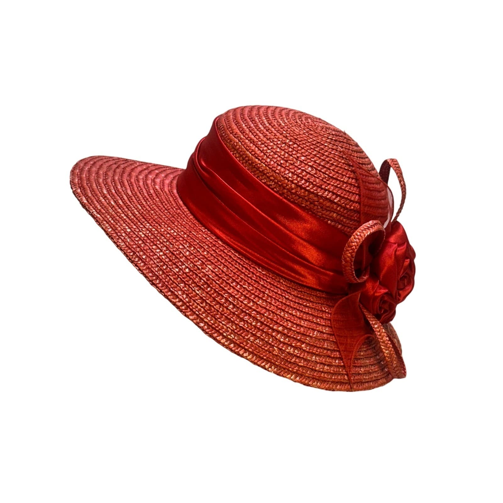 Bright Red Women's Derby Wide Brim Straw Embellished Hat Satin Band Fabric Rose - Thumbnail 3