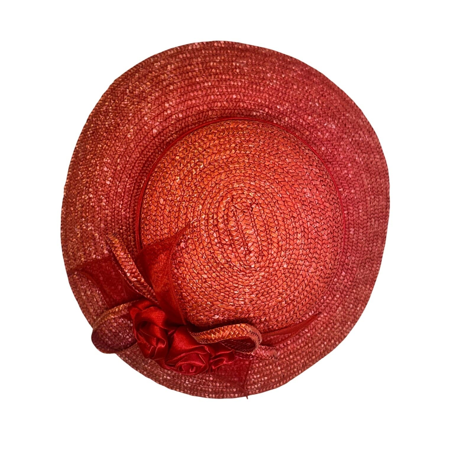 Bright Red Women's Derby Wide Brim Straw Embellished Hat Satin Band Fabric Rose - Thumbnail 5