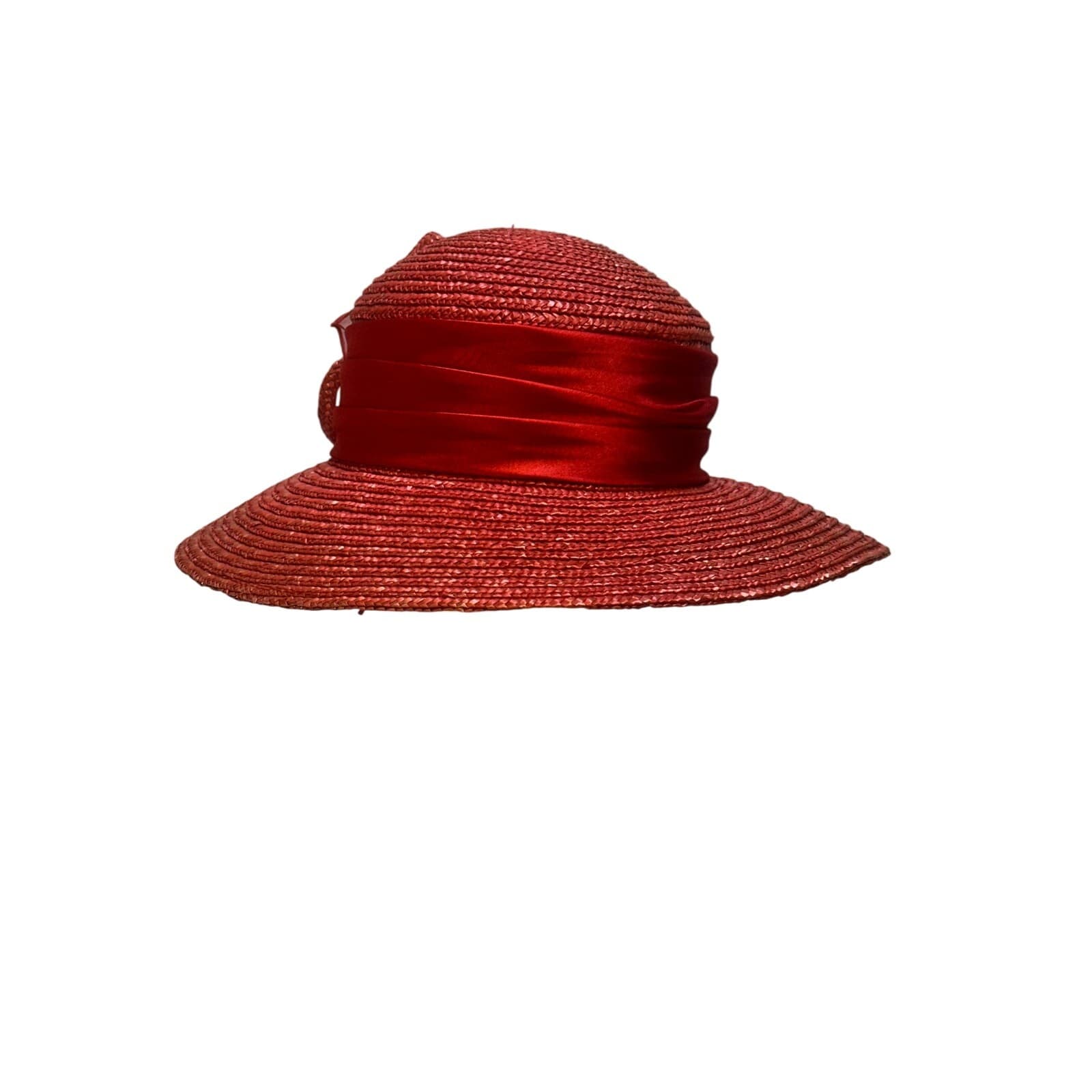 Bright Red Women's Derby Wide Brim Straw Embellished Hat Satin Band Fabric Rose - Thumbnail 4