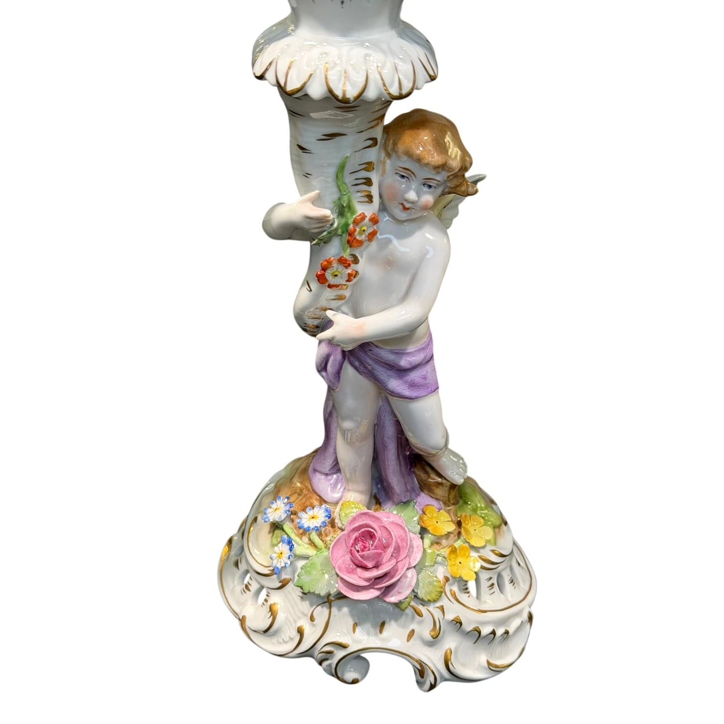 Antique Von Schierholz Germany Hand Painted Porcelain Cherub 2-Light Candelabra - Thumbnail 2