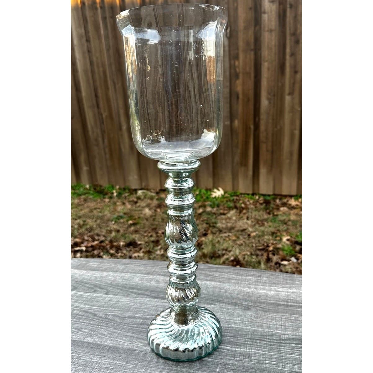 Silver Mercury Glass Decorative Large 18" Pillar Hurricane Candleholder