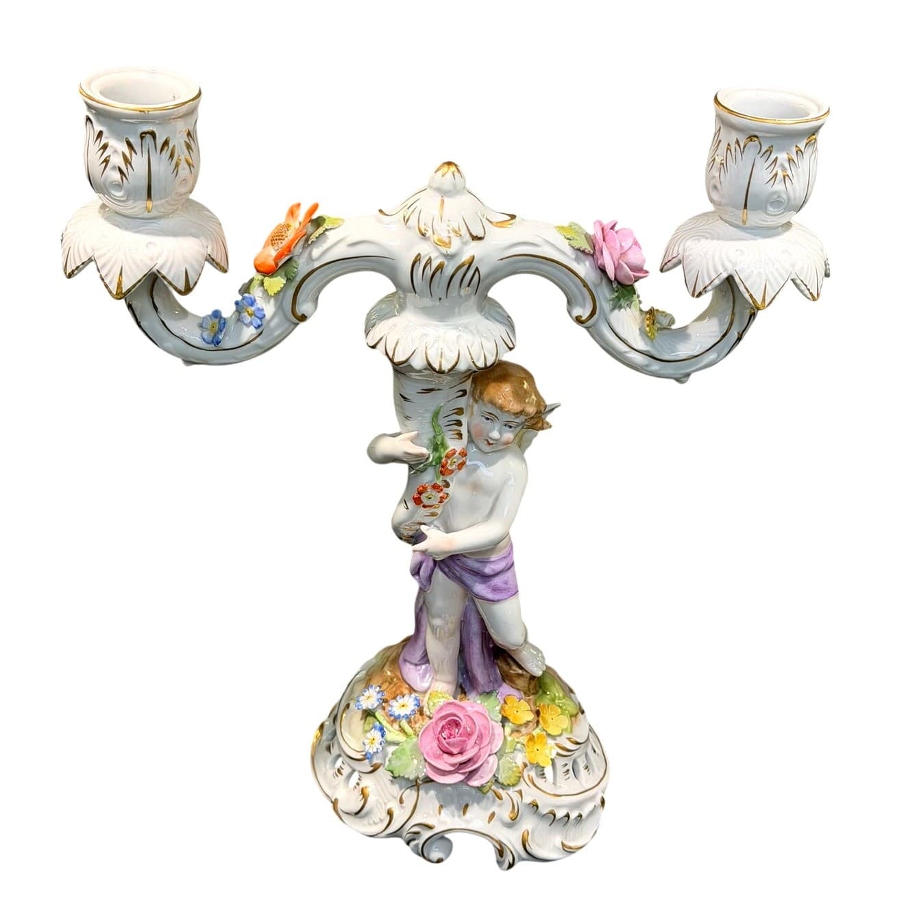 Antique Von Schierholz Germany Hand Painted Porcelain Cherub 2-Light Candelabra