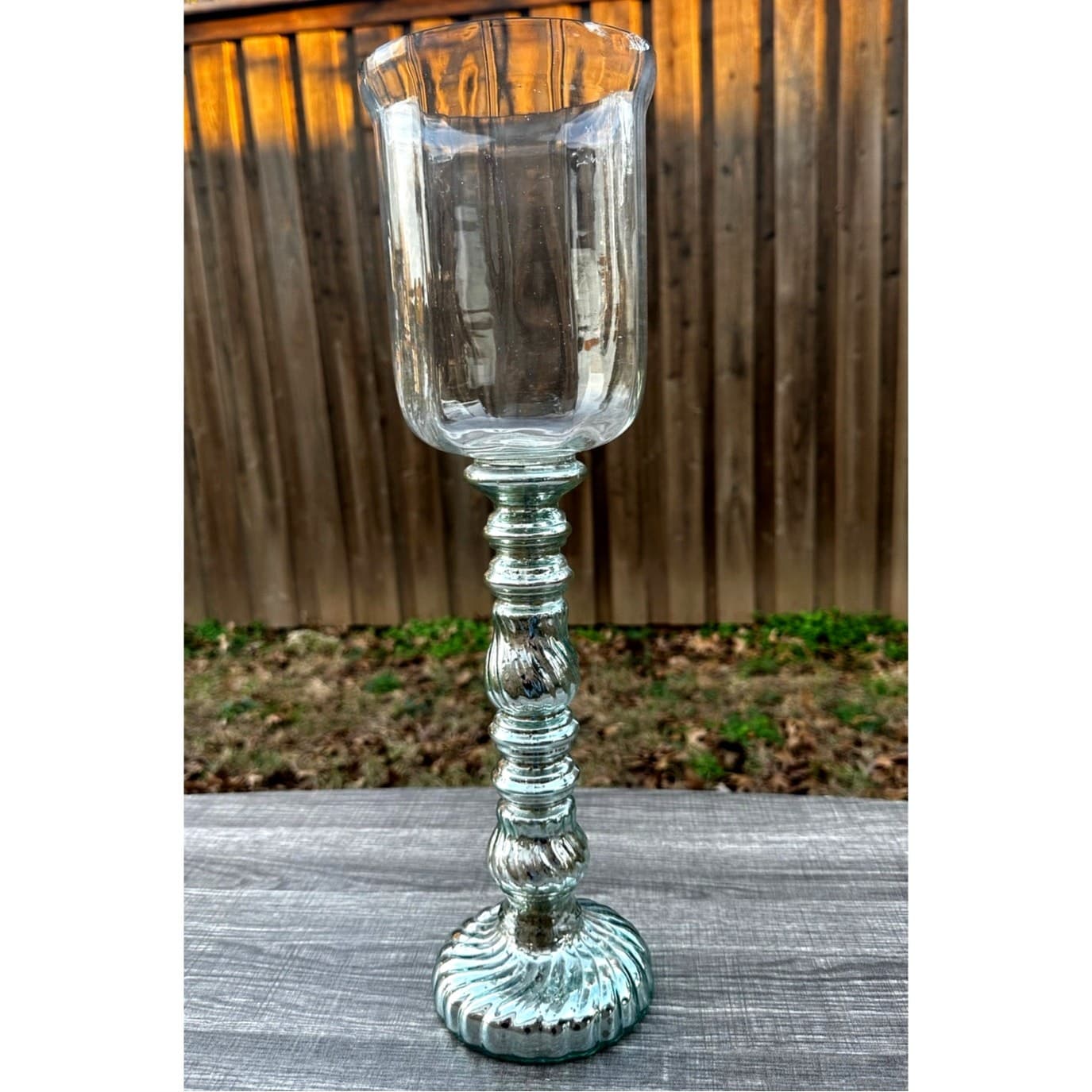 Silver Mercury Glass Decorative Large 18" Pillar Hurricane Candleholder - Thumbnail 3