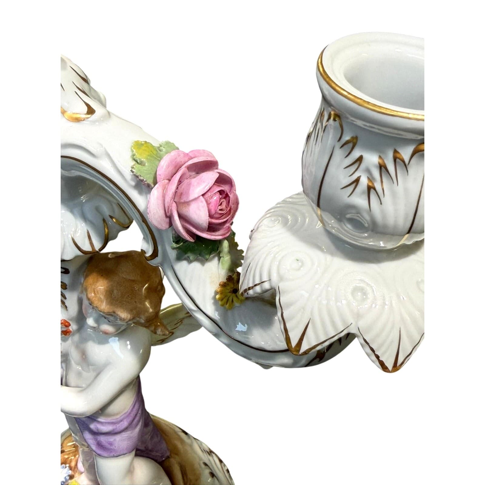 Antique Von Schierholz Germany Hand Painted Porcelain Cherub 2-Light Candelabra - Thumbnail 5