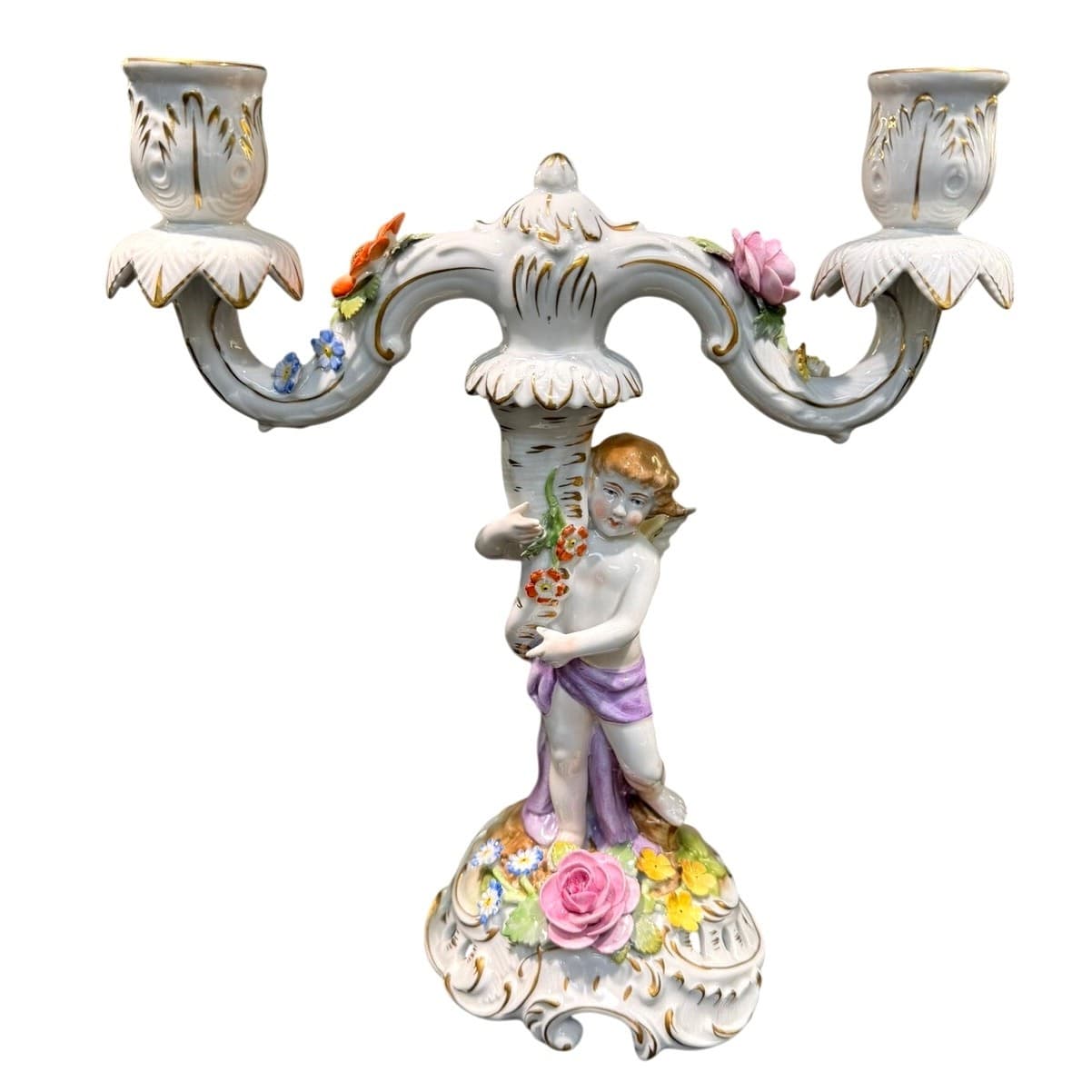Antique Von Schierholz Germany Hand Painted Porcelain Cherub 2-Light Candelabra - Thumbnail 6