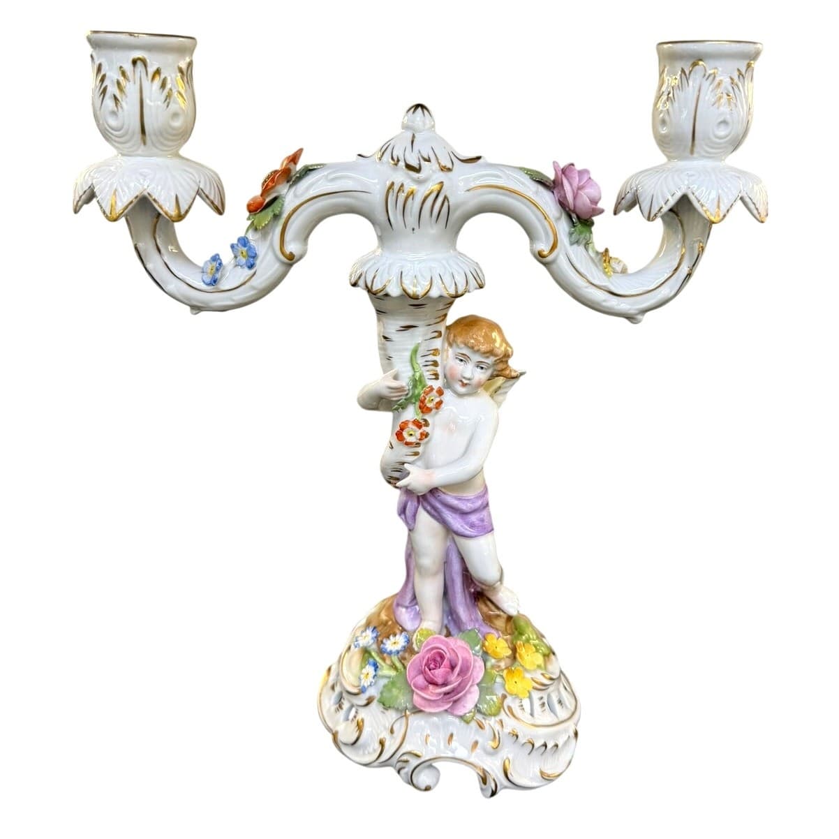 Antique Von Schierholz Germany Hand Painted Porcelain Cherub 2-Light Candelabra - Thumbnail 4