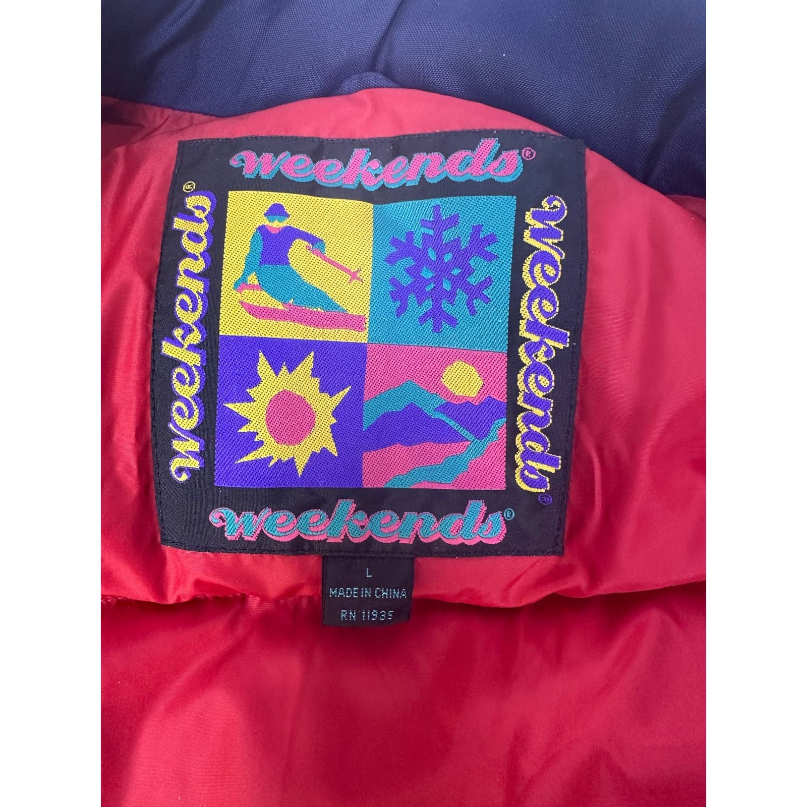 Weekends Vintage 90's Retro Puffer Ski Jacket/Parka Red Yellow Navy Men's Large - Thumbnail 11