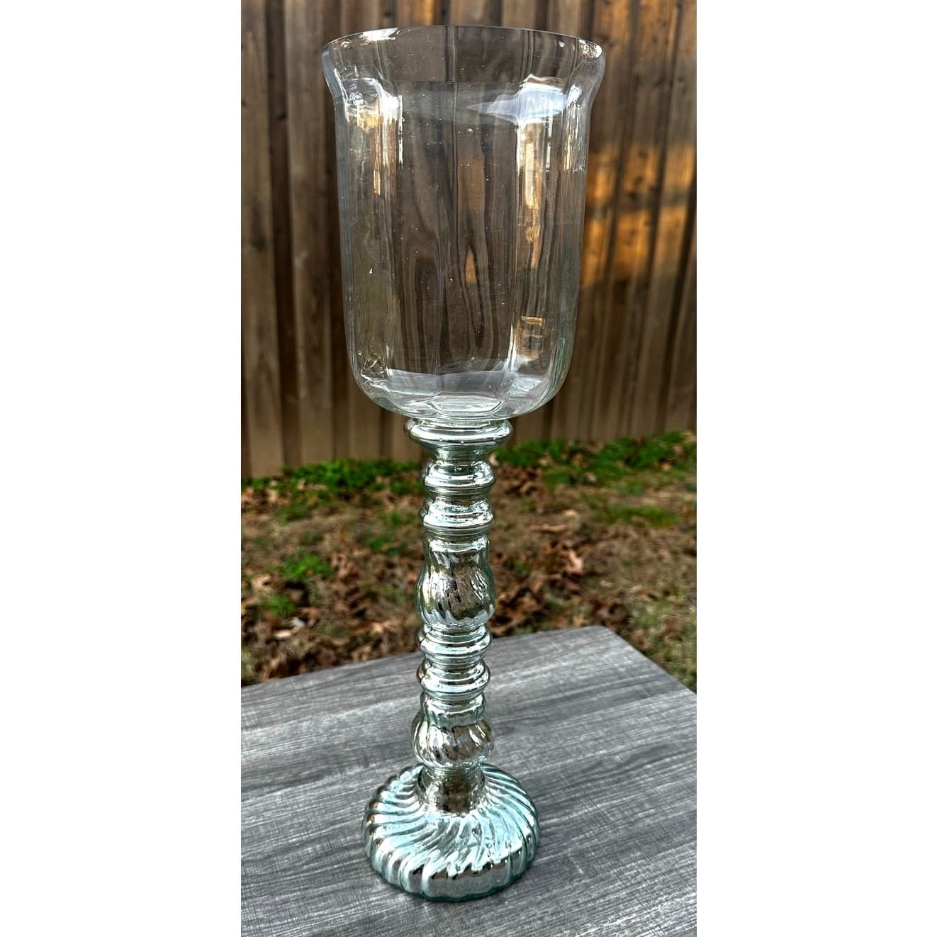 Silver Mercury Glass Decorative Large 18" Pillar Hurricane Candleholder - Thumbnail 5