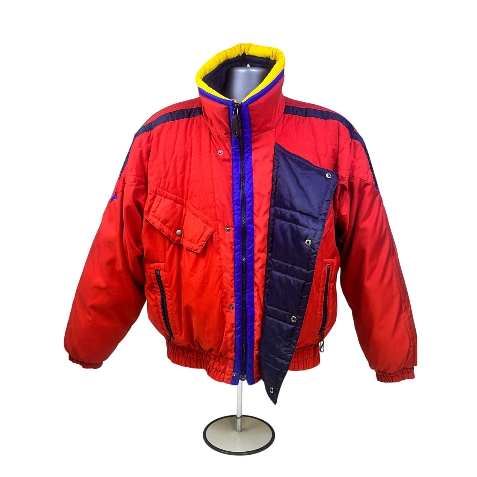 Weekends Vintage 90's Retro Puffer Ski Jacket/Parka Red Yellow Navy Men's Large - Thumbnail 6