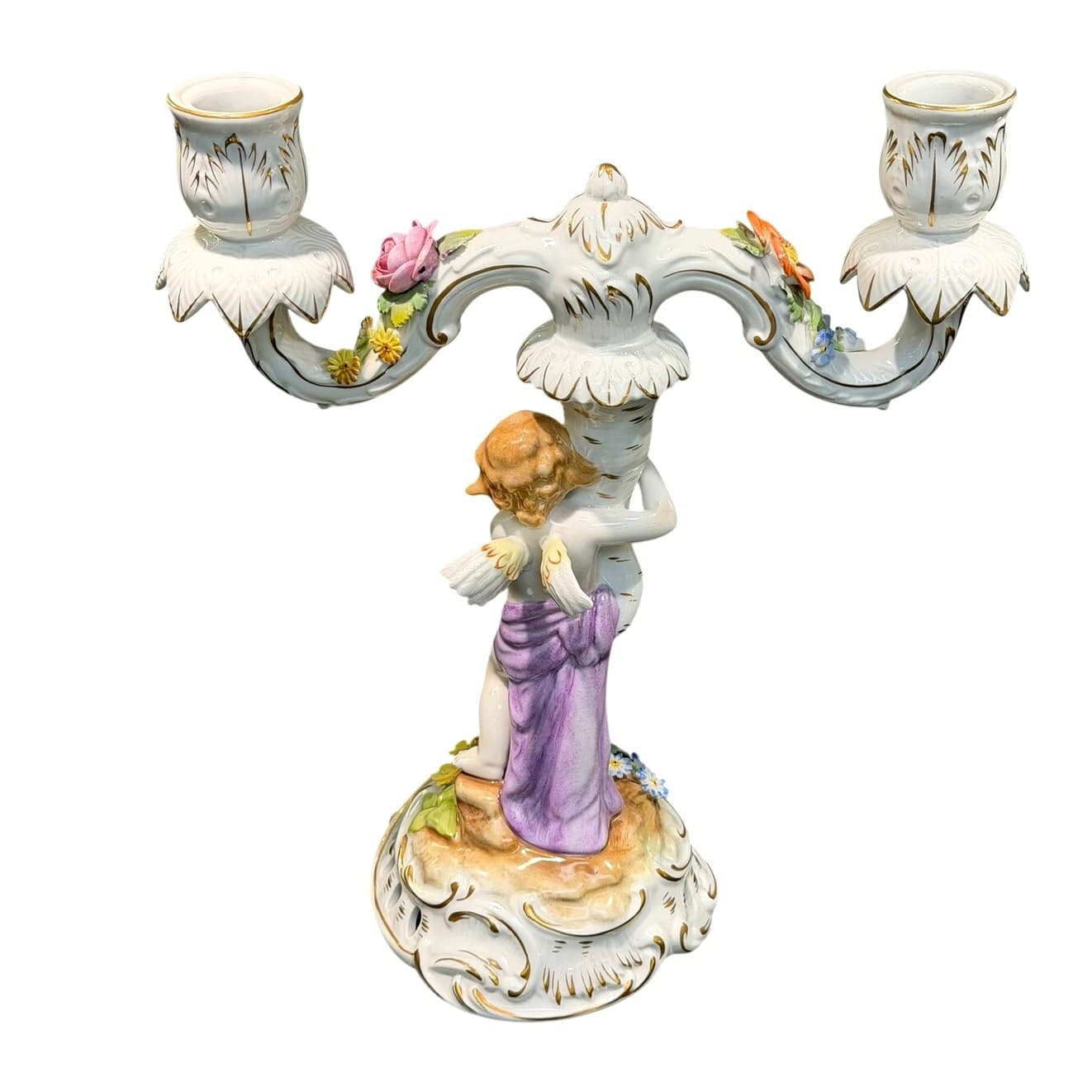 Antique Von Schierholz Germany Hand Painted Porcelain Cherub 2-Light Candelabra - Thumbnail 11