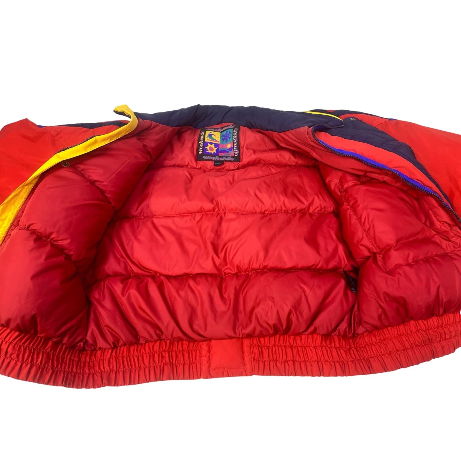 Weekends Vintage 90's Retro Puffer Ski Jacket/Parka Red Yellow Navy Men's Large - Thumbnail 10