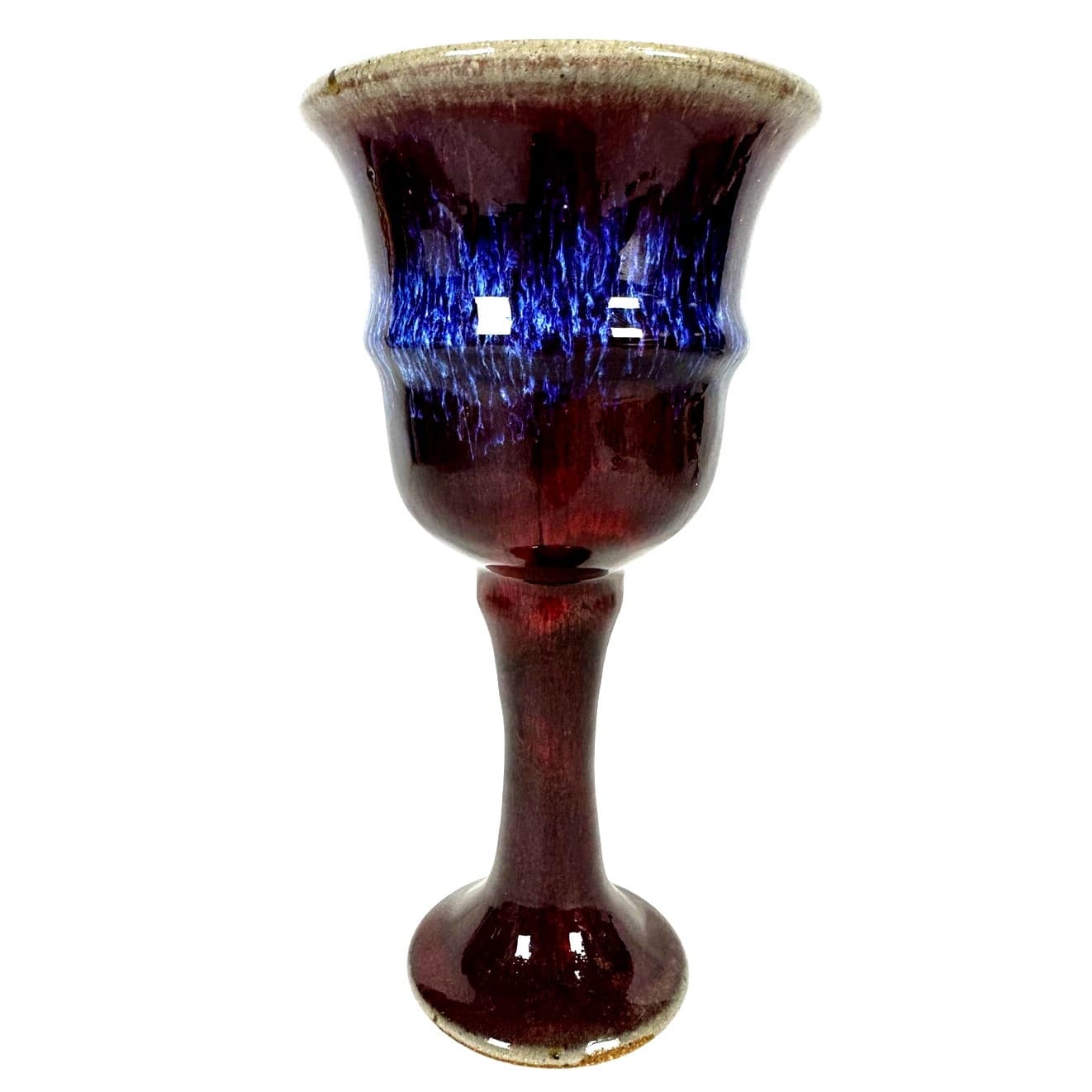 Hand Crafted Pottery Wine Goblet/Glass 7.5" Brown Bright Blue Glaze-Excellent! - Thumbnail 2