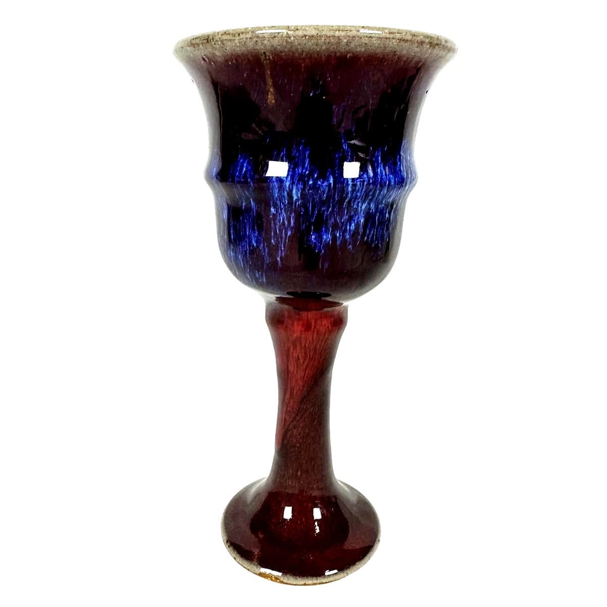 Hand Crafted Pottery Wine Goblet/Glass 7.5" Brown Bright Blue Glaze-Excellent!