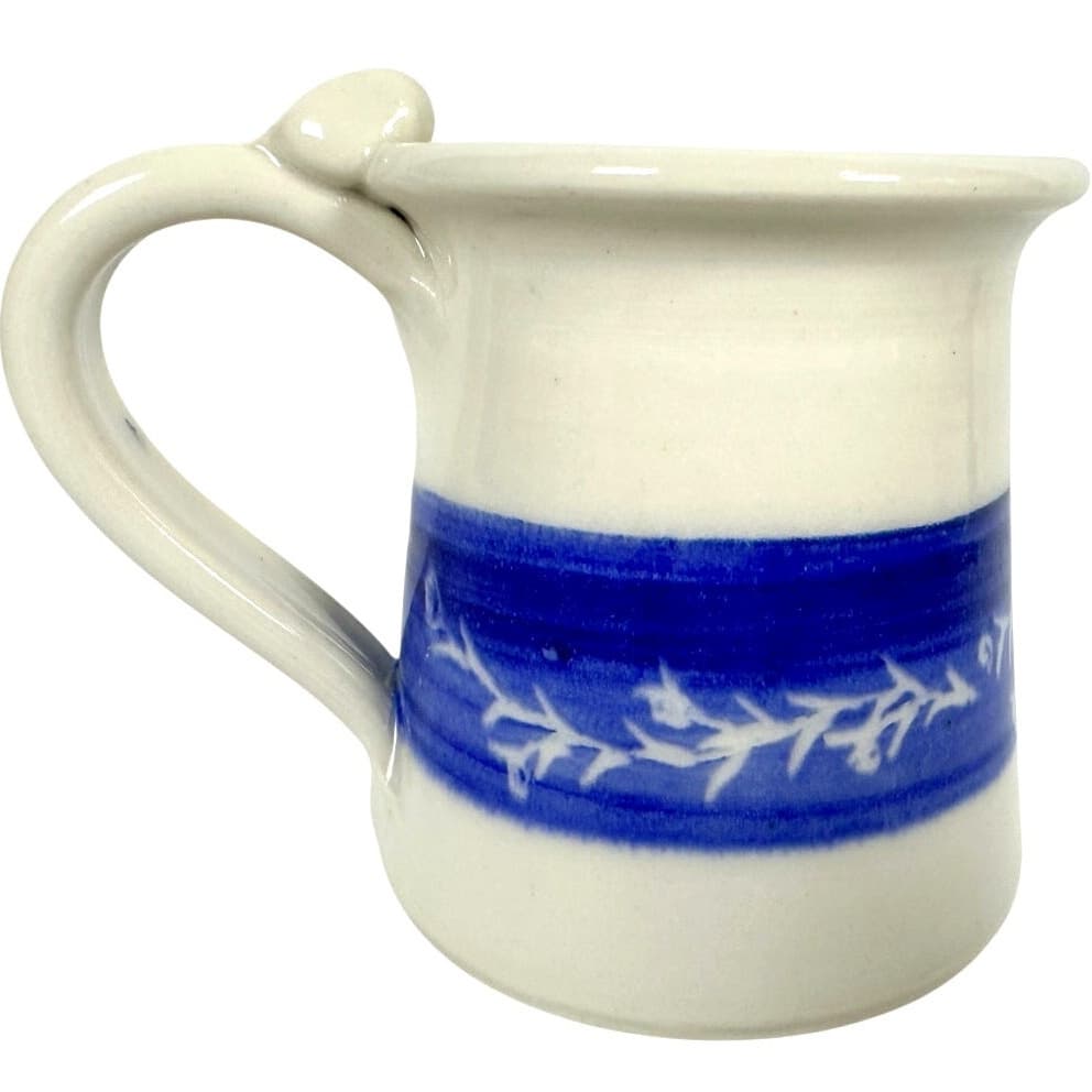 Hand Crafted Pottery Round Coffee Mug with Floral Blue Band-Comfy Handle-Mint! - Thumbnail 3
