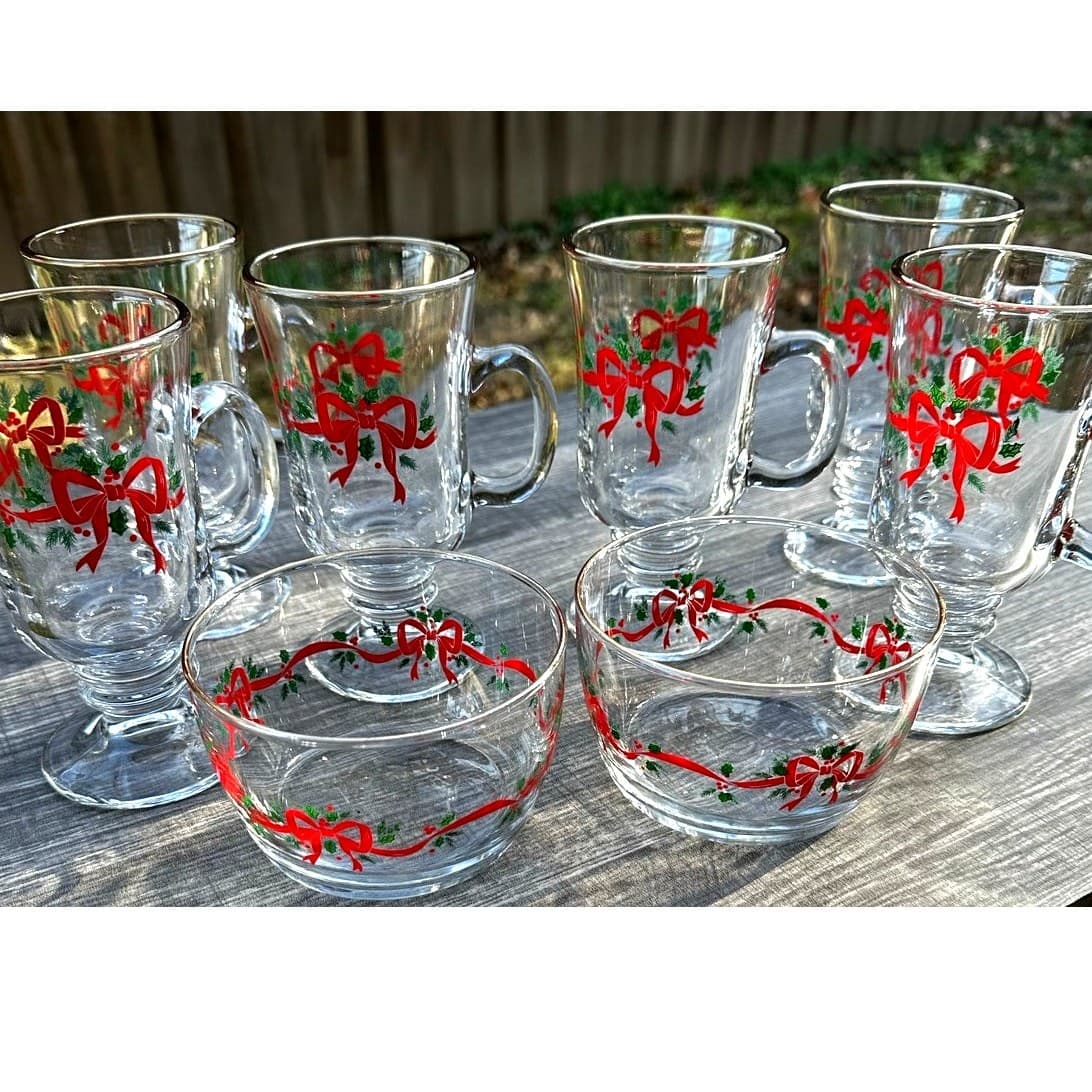 Libbey Vintage Christmas Holly Berry Gold Rim 4 Irish Coffee Mugs/2 Fruit Bowls