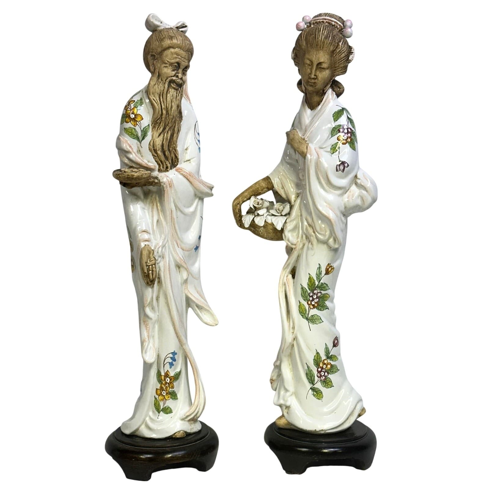 Ugo Zaccagnini Style Porcelain Chinese Man and Woman 22.5" Vintage Figurines