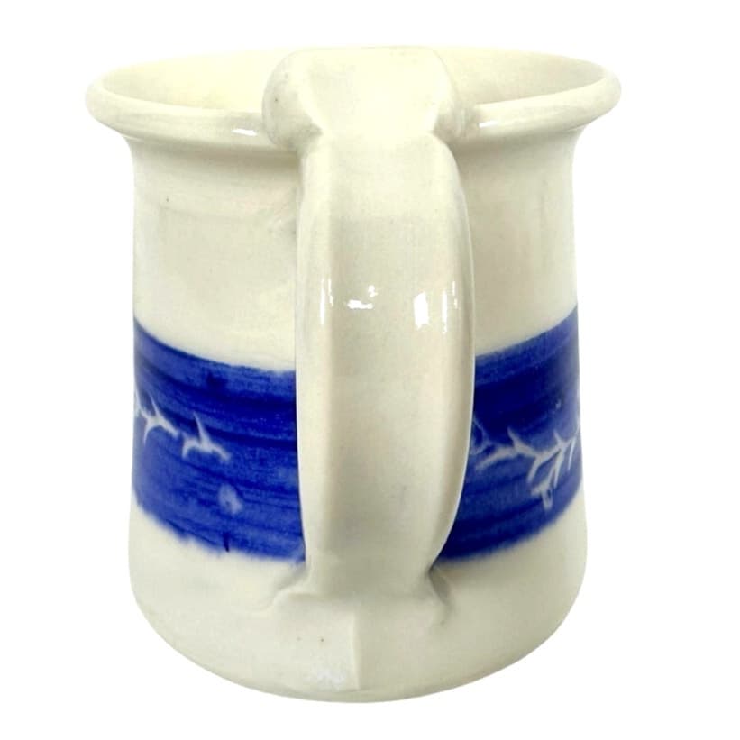 Hand Crafted Pottery Round Coffee Mug with Floral Blue Band-Comfy Handle-Mint! - Thumbnail 2