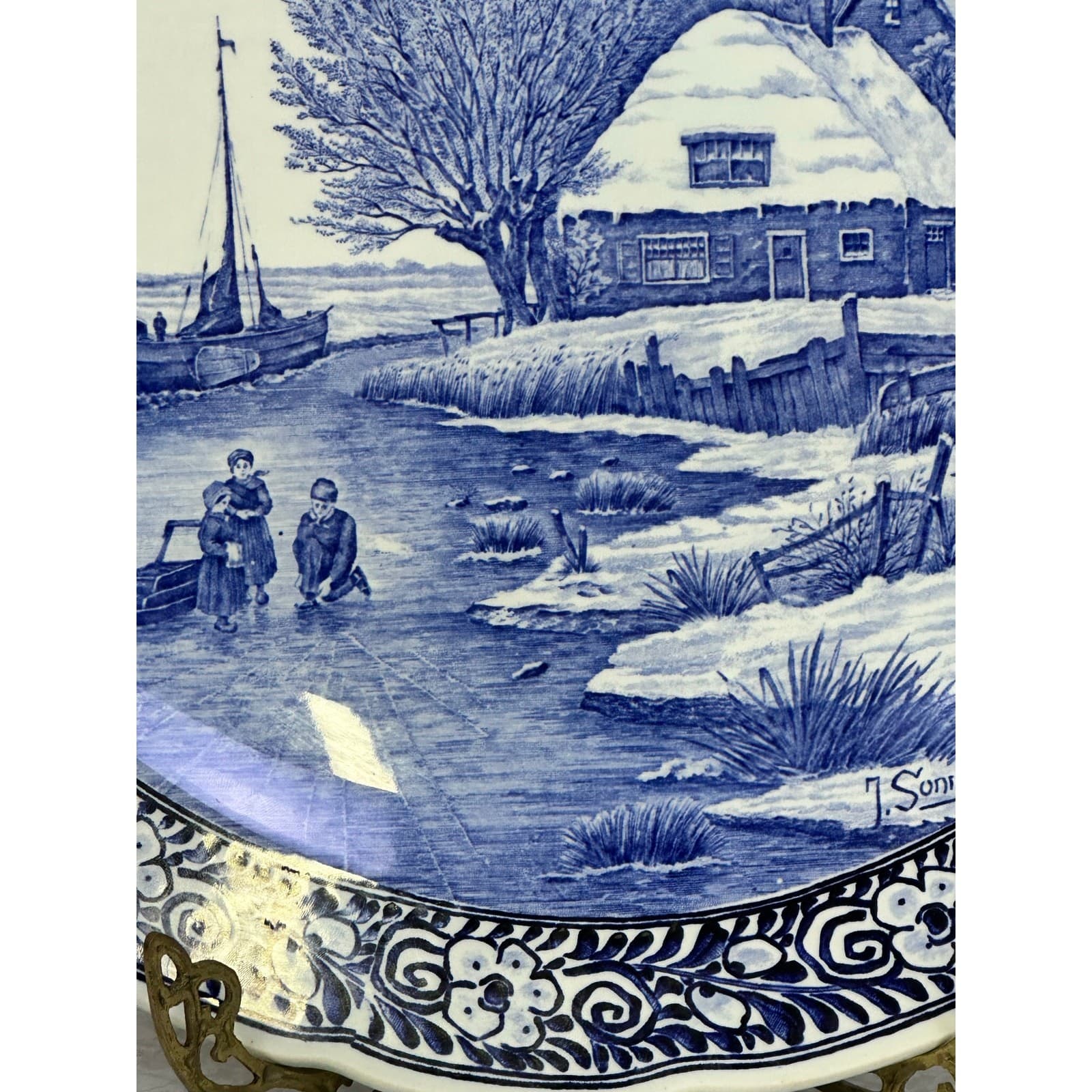 Royal Sphinx Maastricht Delftware MidCentury Hand Painted 15.75" Charger Platter - Thumbnail 7