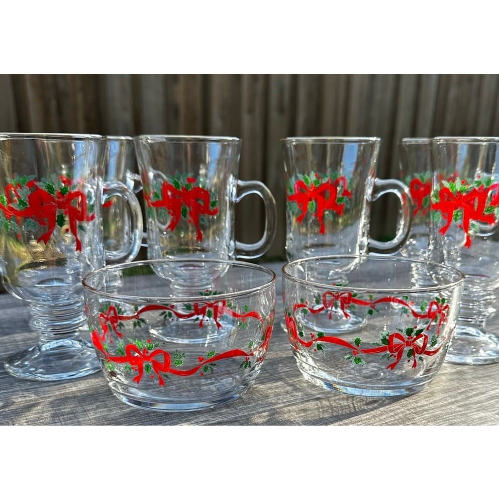 Libbey Vintage Christmas Holly Berry Gold Rim 4 Irish Coffee Mugs/2 Fruit Bowls - Thumbnail 10
