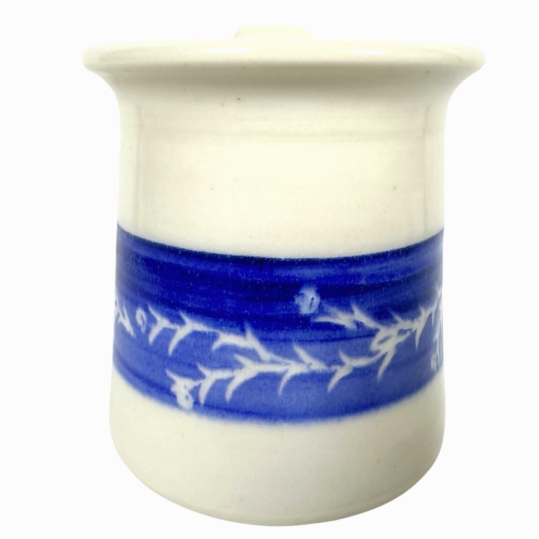 Hand Crafted Pottery Round Coffee Mug with Floral Blue Band-Comfy Handle-Mint! - Thumbnail 4