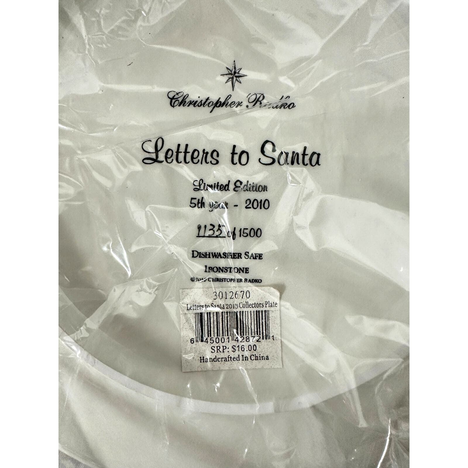 Christopher Radko “Letters to Santa” 2010 Collectors Plate 1135 of 1500-NEW! - Thumbnail 7