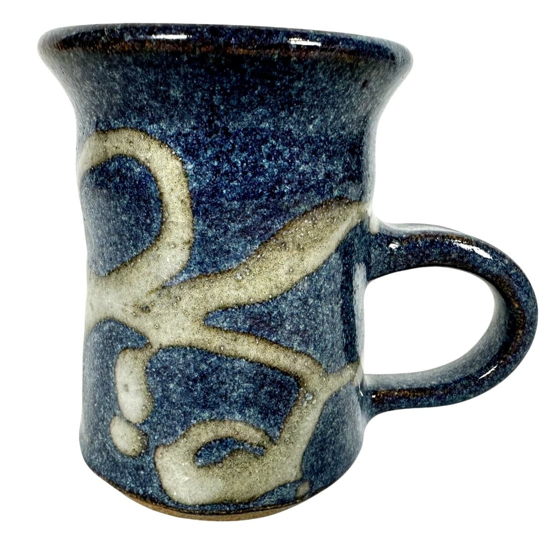 Hand Crafted Artist Signed Pottery Blue Gray Abstract Coffee Mug Unique Handle!