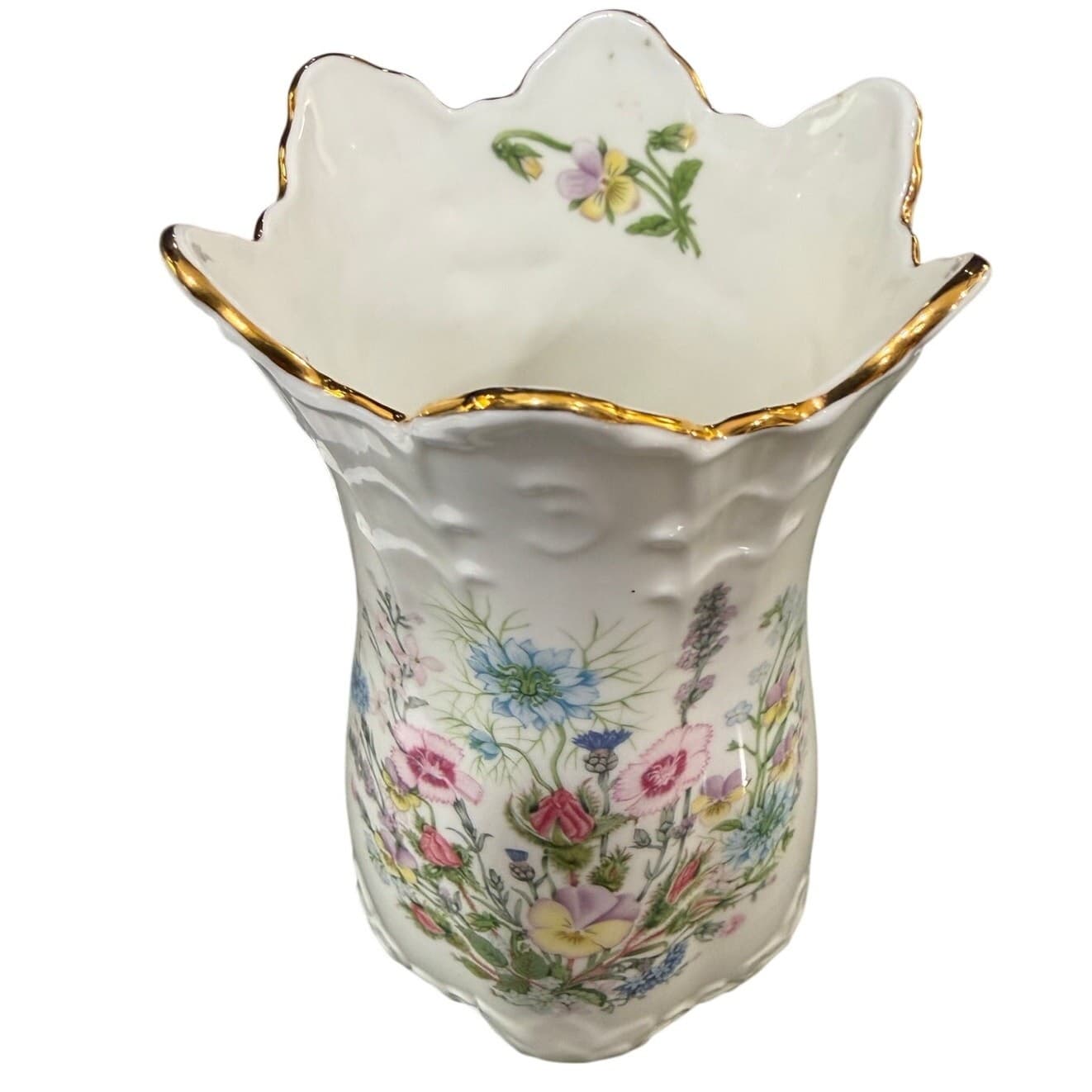 Aynsley Wild Tudor Fine Bone China Vase England 8.25” Floral Gold Trim - Thumbnail 2