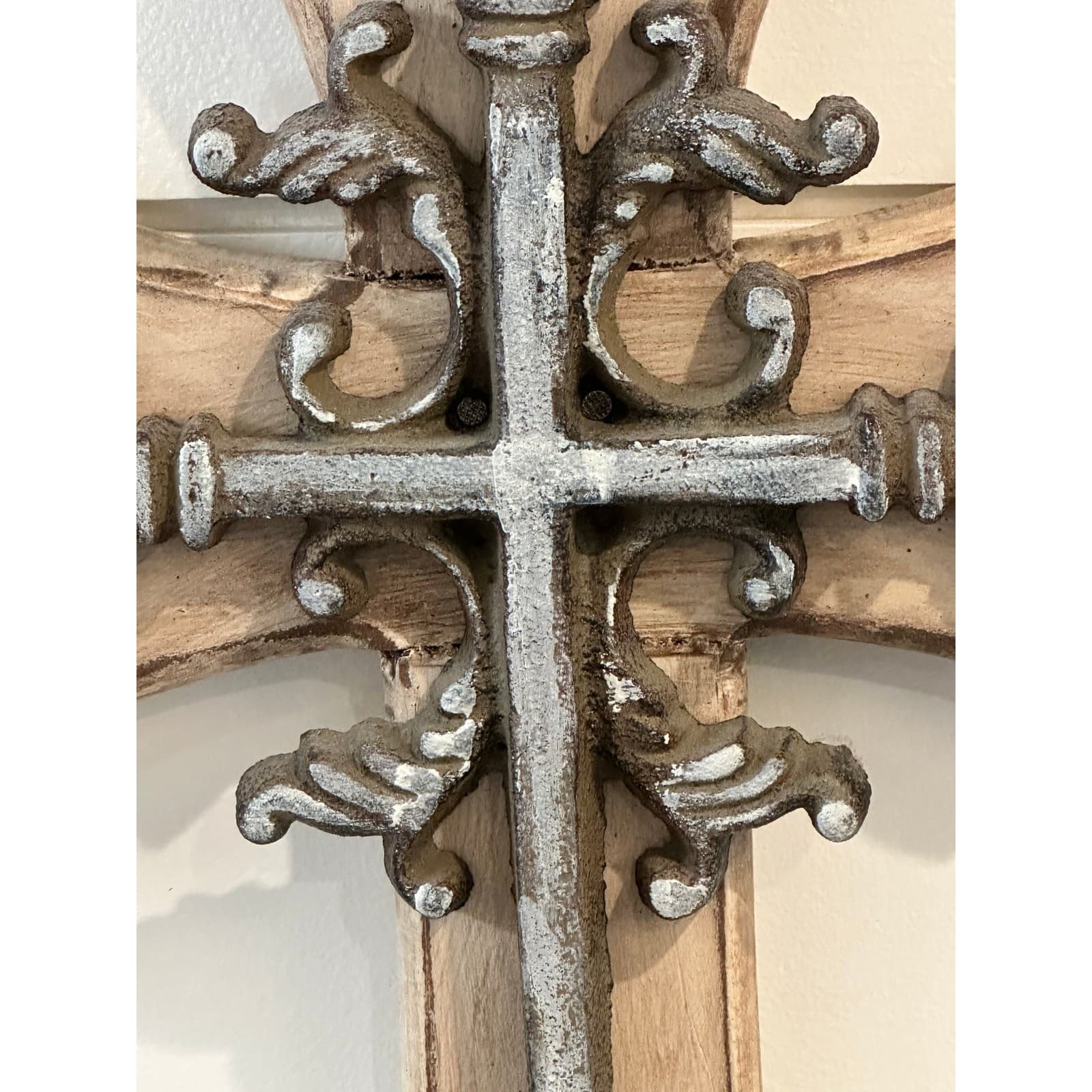 Heavy Primitive Rustic Vintage 17" Wooden Cross Intricate Cast Iron Overlay-Nice - Thumbnail 2