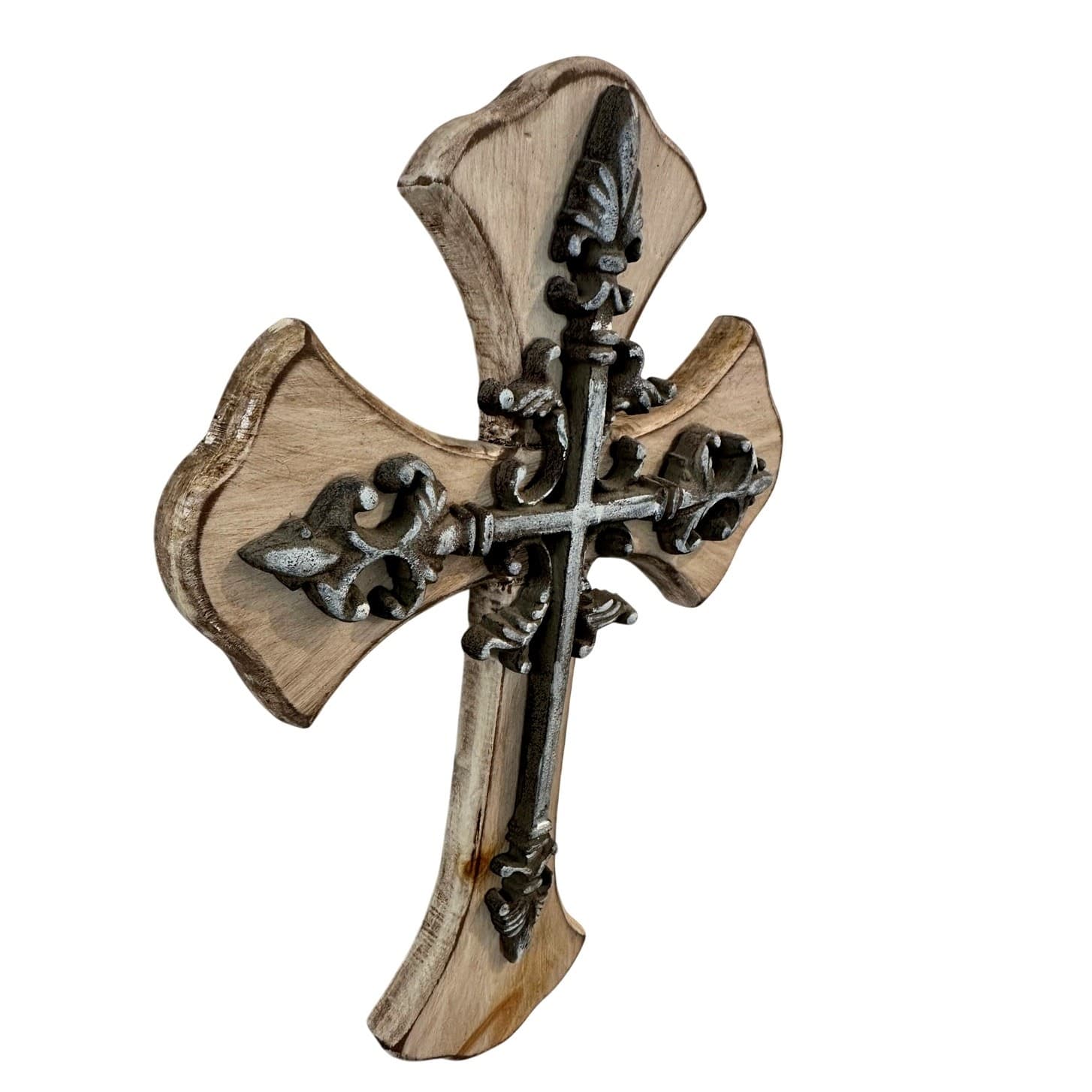 Heavy Primitive Rustic Vintage 17" Wooden Cross Intricate Cast Iron Overlay-Nice - Thumbnail 3