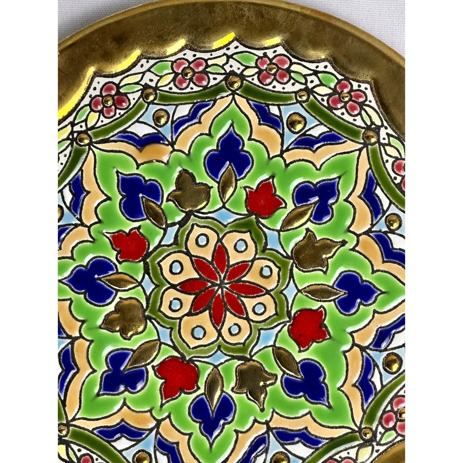 Vibrant Painted Enamel 6" Ceramic Plate Medina Perez Spain Gold Accents Gold Rim - Thumbnail 2