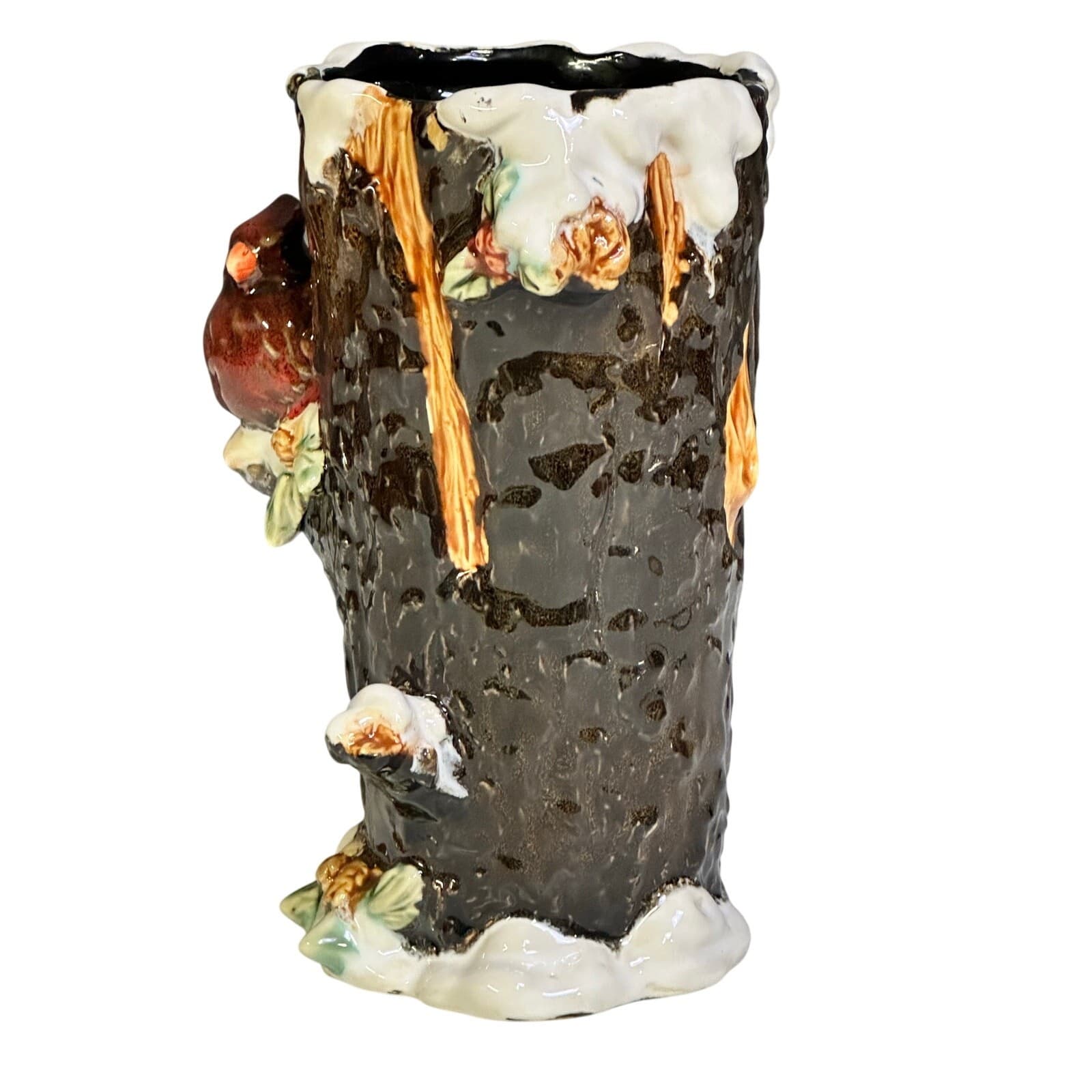 Christmas Tree Stump Ceramic 8" Vase Featuring Cardinals Berries Pinecones Snow - Thumbnail 2