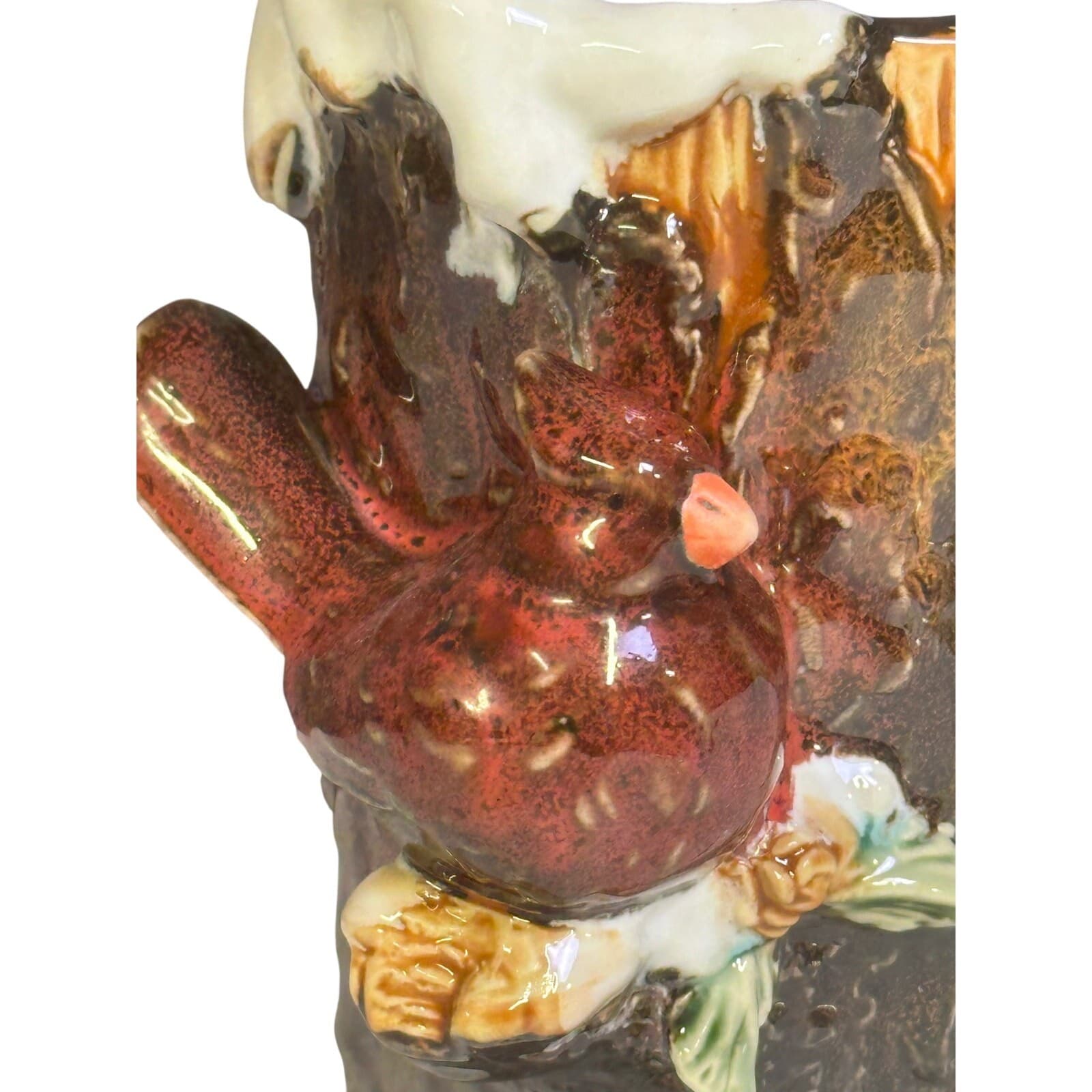 Christmas Tree Stump Ceramic 8" Vase Featuring Cardinals Berries Pinecones Snow - Thumbnail 5